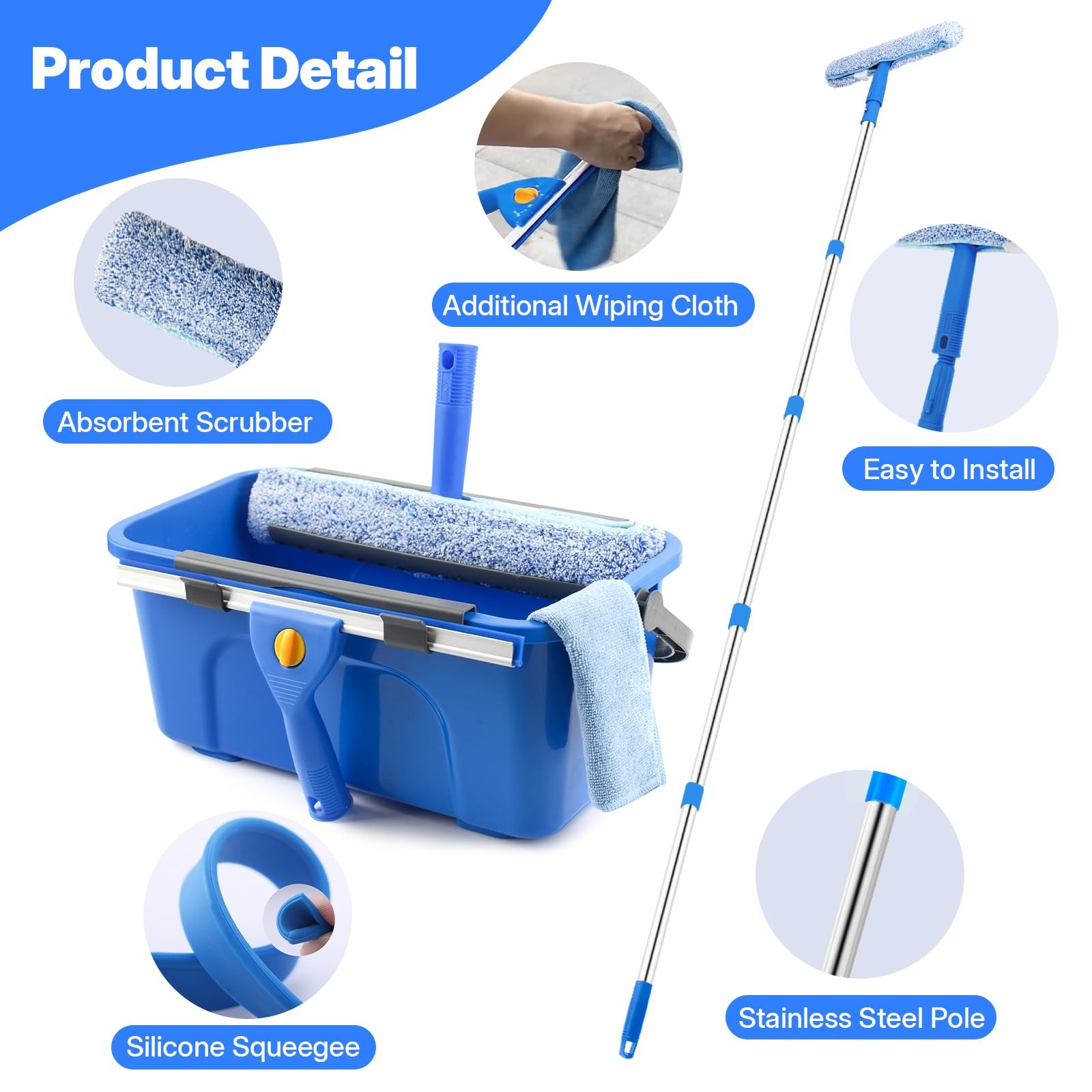 Professional Window Cleaning Kit with Bucket 3 Gallon, 76″ Long Handle Window…