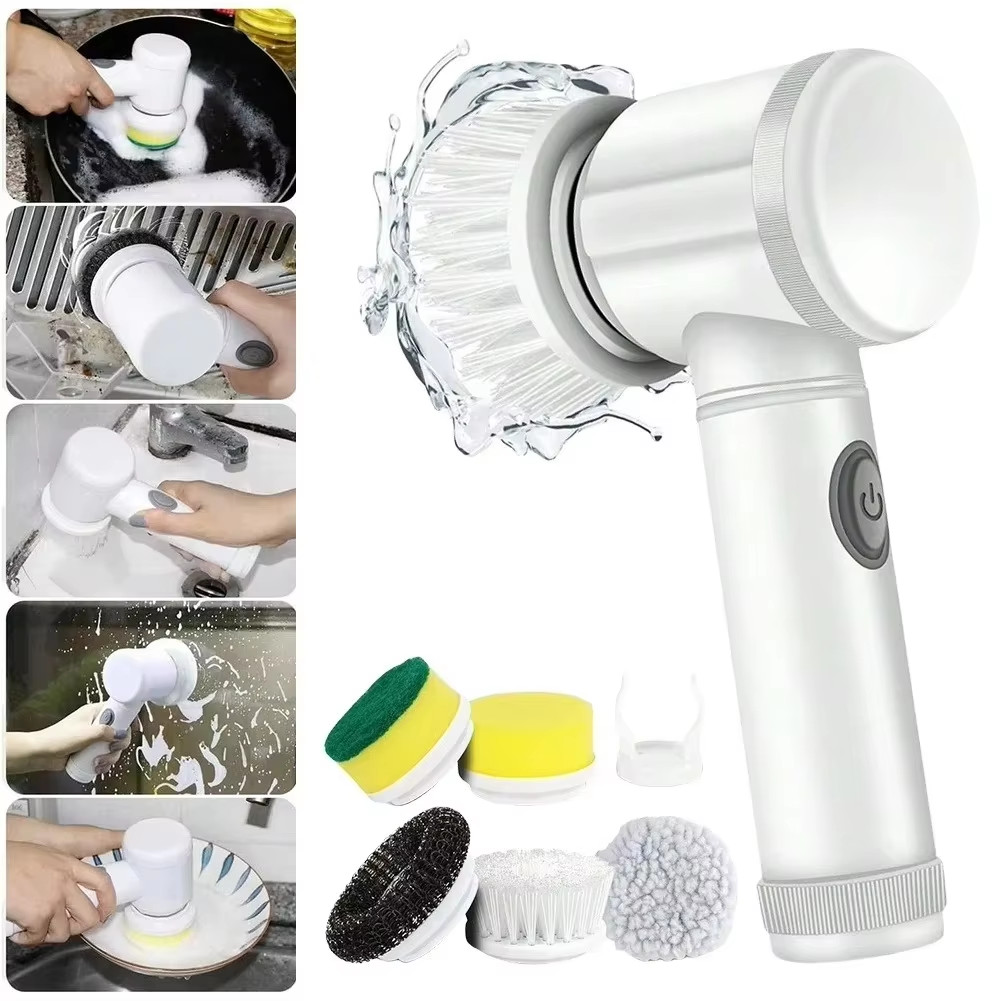 Cordless electric cleaning brush with 5 interchangeable heads for bathroom, kit