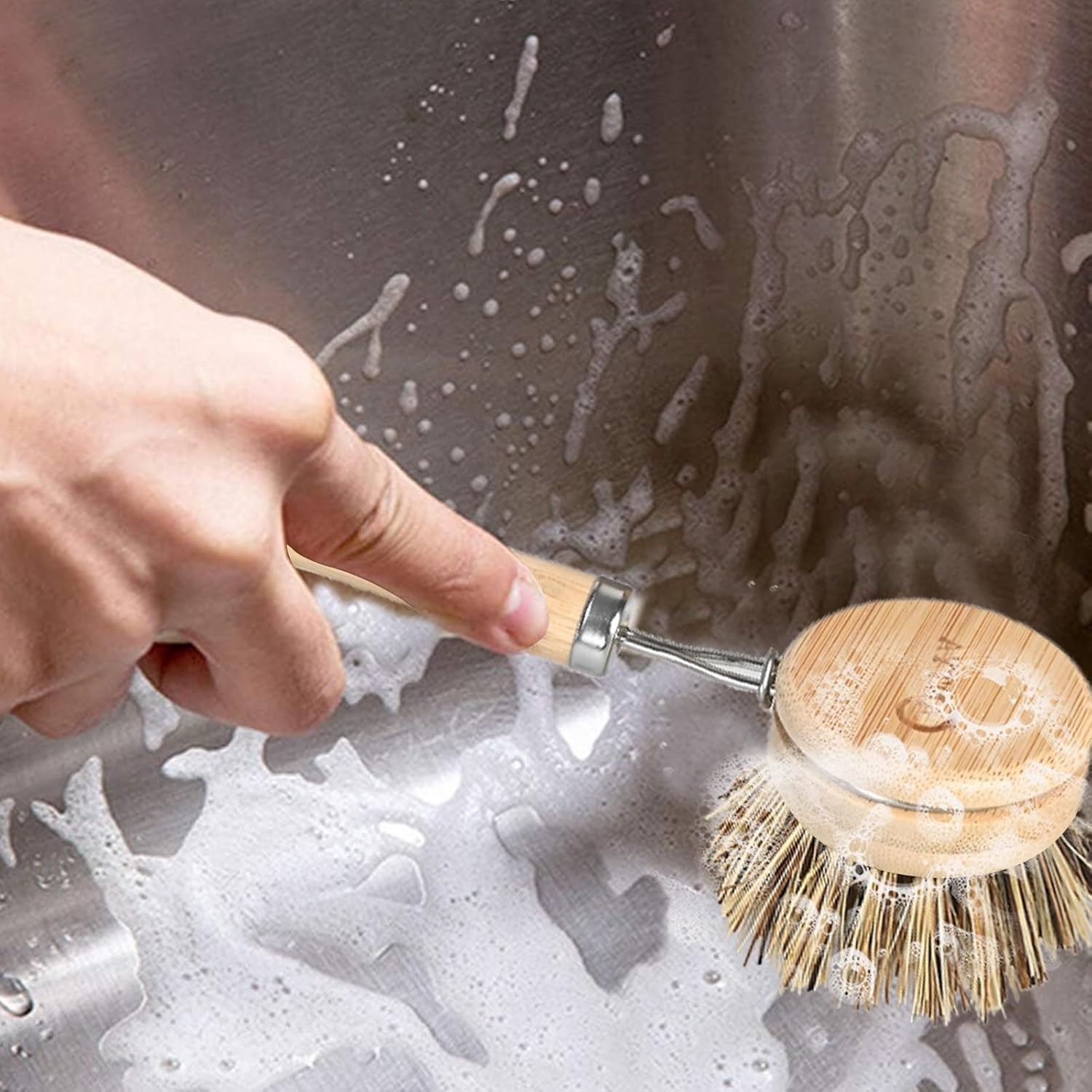Bamboo Dish Scrubber with Handle – Hard Bristle, Natural Kitchen Brush