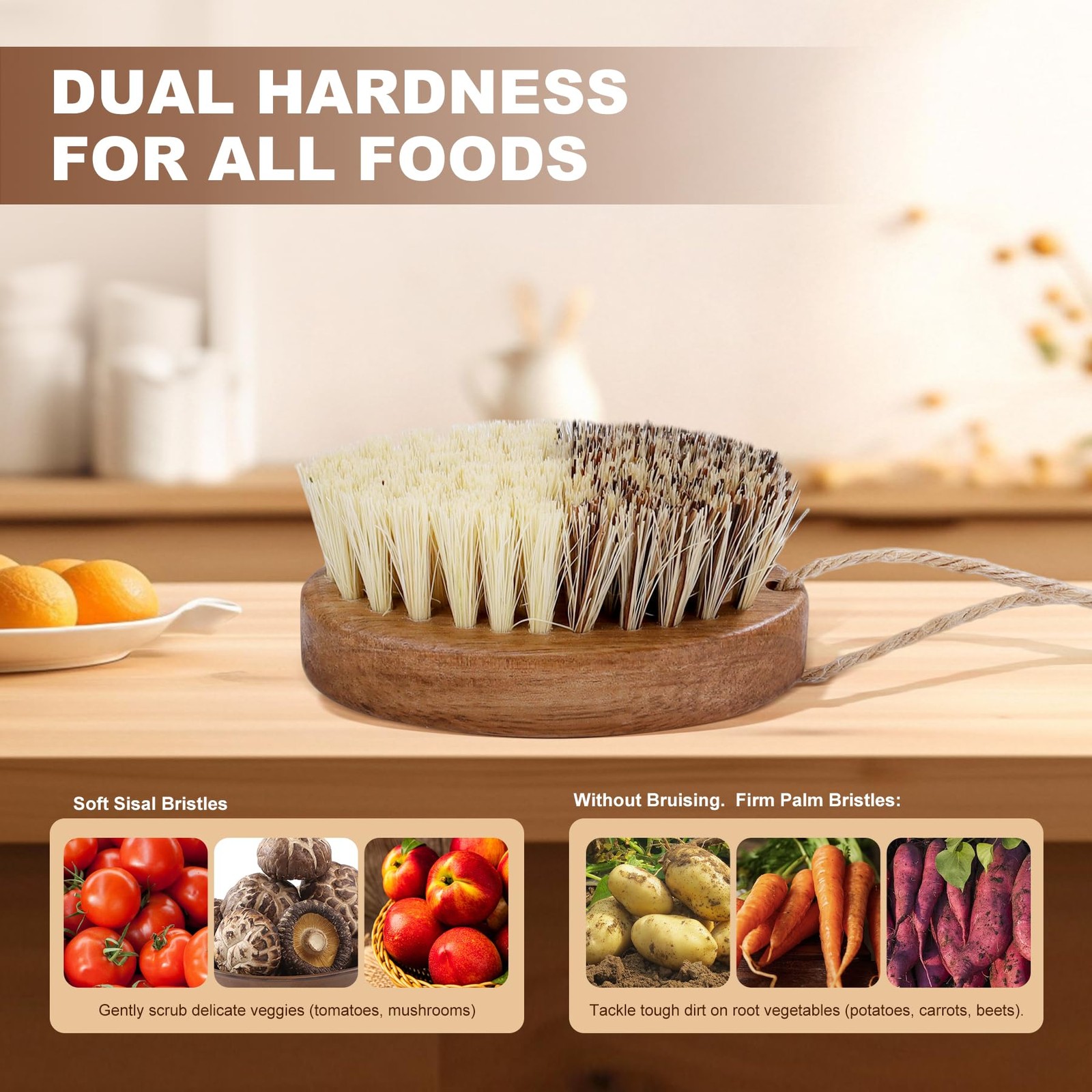 2 Pack Wooden Vegetable Brush Scrubber for Food Dual Bristle Potato Brush Sc…