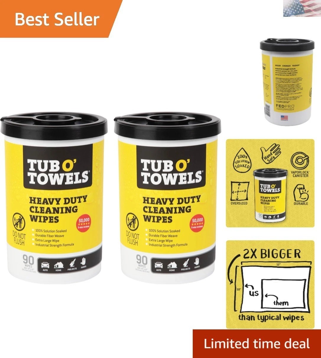Heavy-Duty Multi-Surface Cleaning Wipes, 10″ x 12″, 90 Count Canister, Remove…