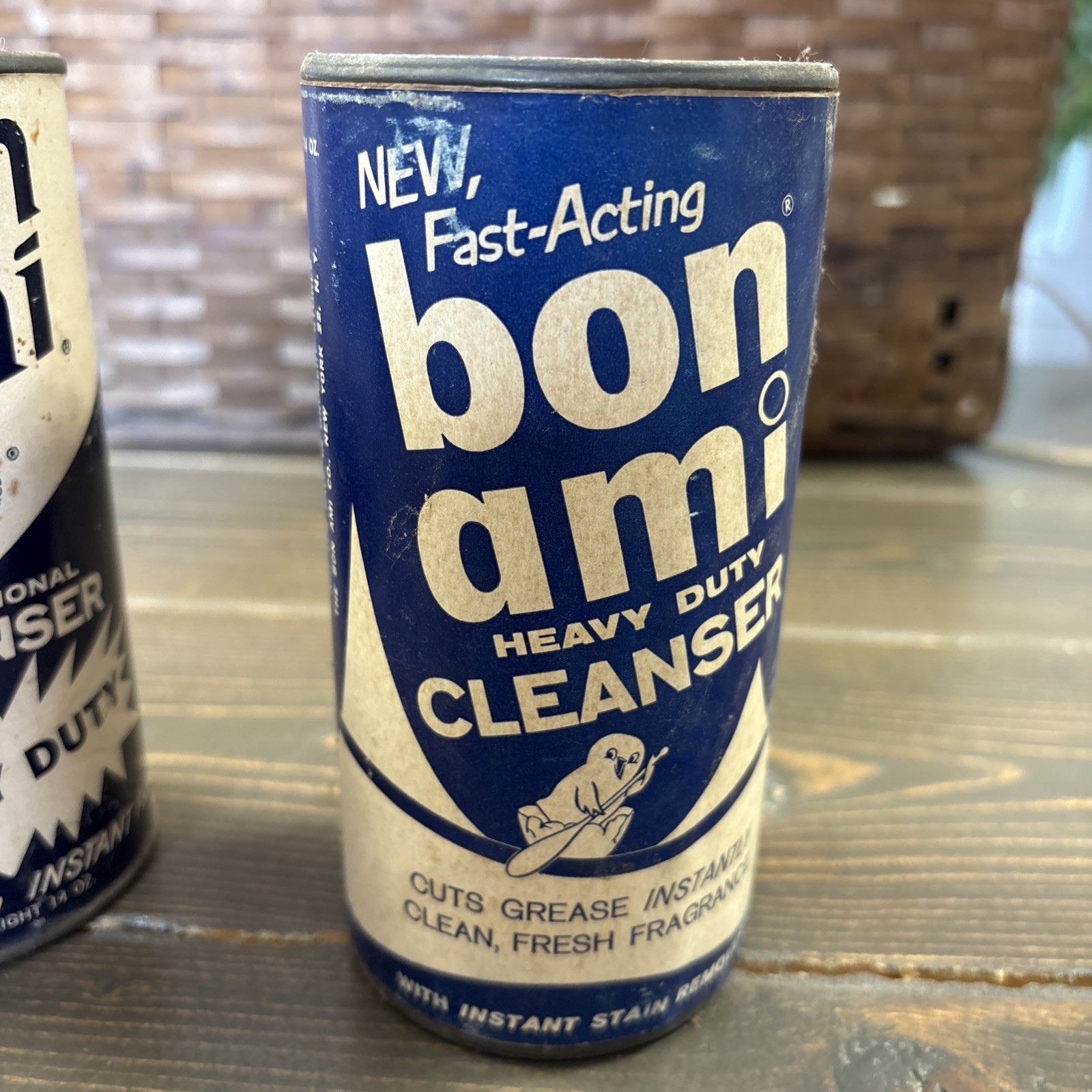 2- 1950s Bon Ami Cleanser Cans Institutional Cleanser Blue Advert Vintage FULL