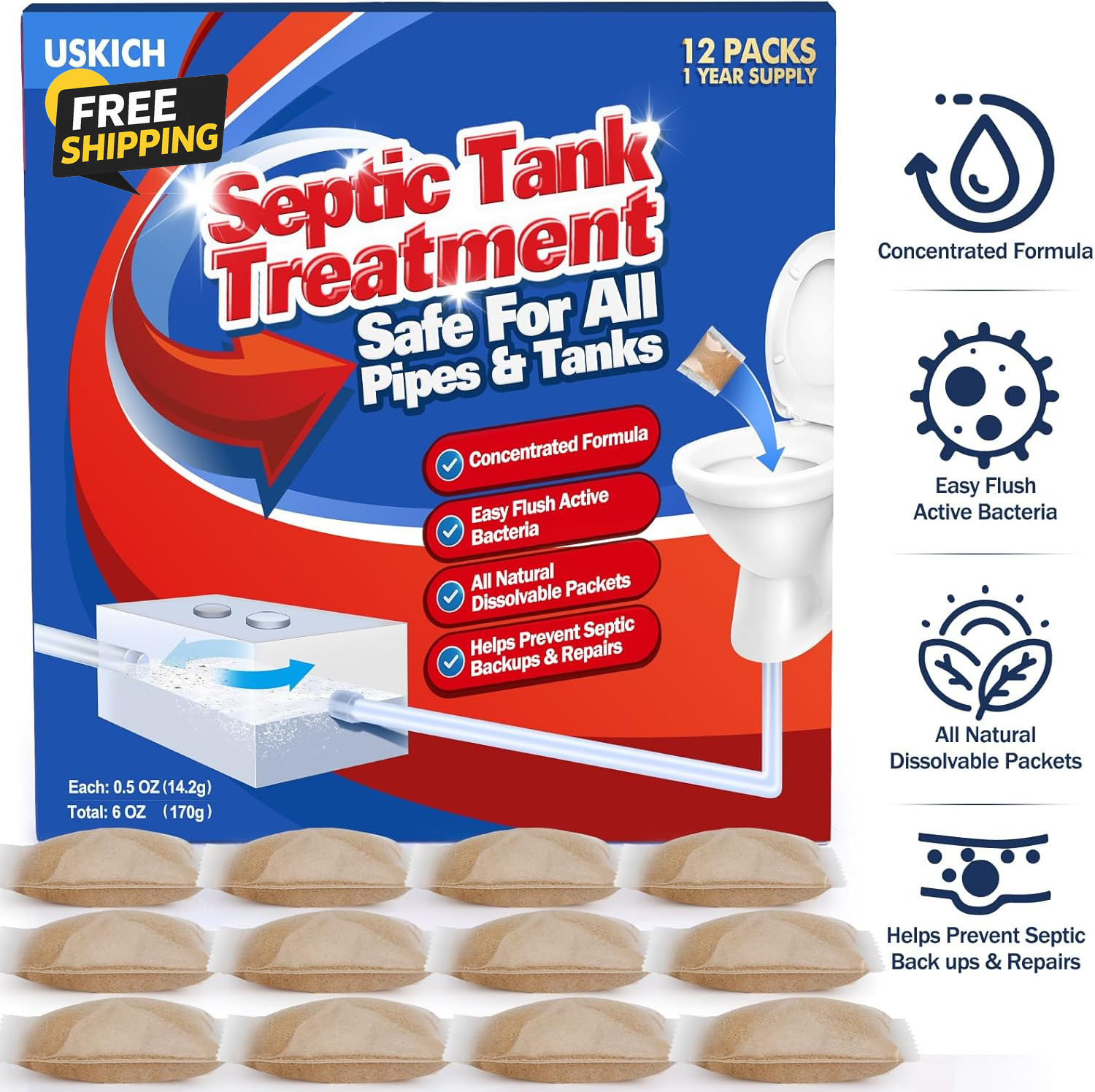 Septic Tank Treatment Dissolvable Easy Flush Live Bacteria Packets 12 Count