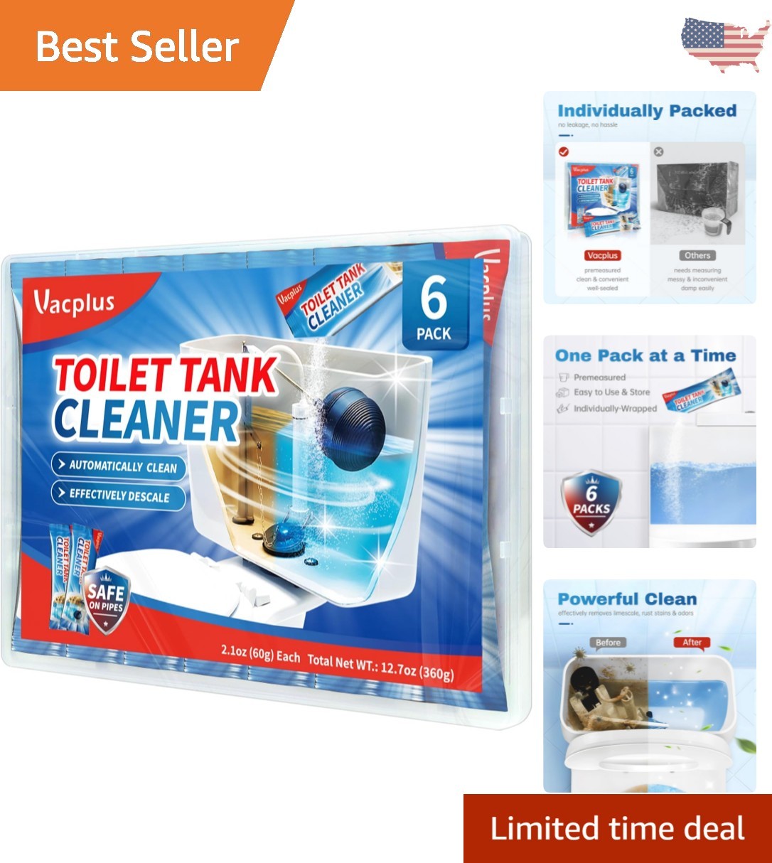 Unscented Toilet Tank Descaler – 6 Automatic Cleaning Tablets for Mold & Rust