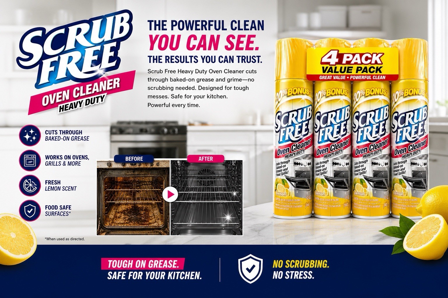 SCRUB FREE OVEN CLEANER LEMON SCENT HEAVY DUTY 12oz 4 PK 🔹