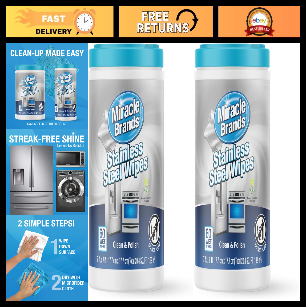 Stainless Steel Cleaning Wipes – 60 Count Pack of 2 for Kitchen & Appliances, Re