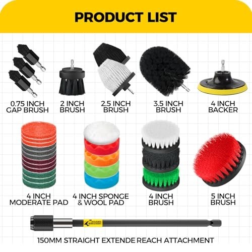 30-Piece Drill Brush Set with Long Handle, Scrub Pads for Grout, Tiles, Bathtub,