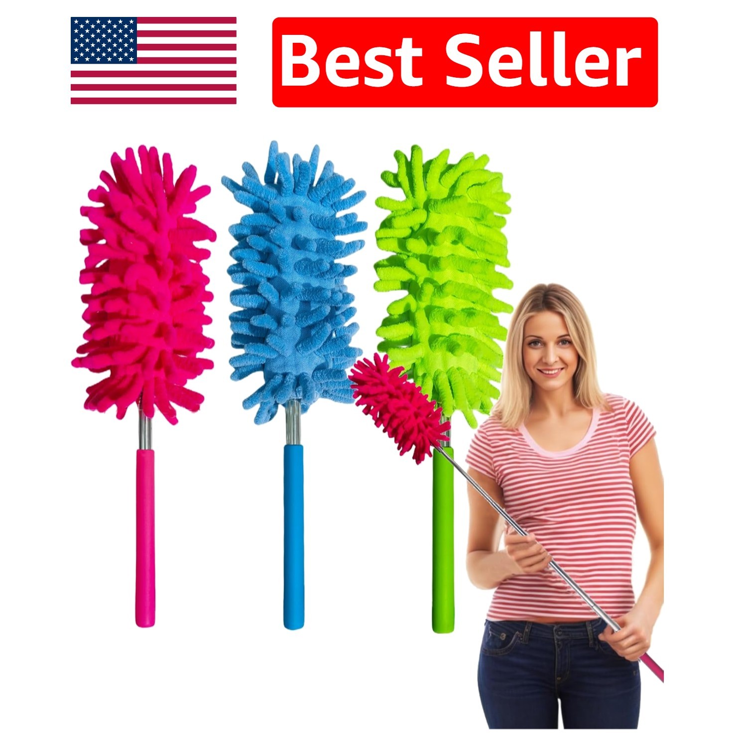 3 Pack Extendable Microfiber Dusters – Telescoping & Washable, Blue, Green, Red