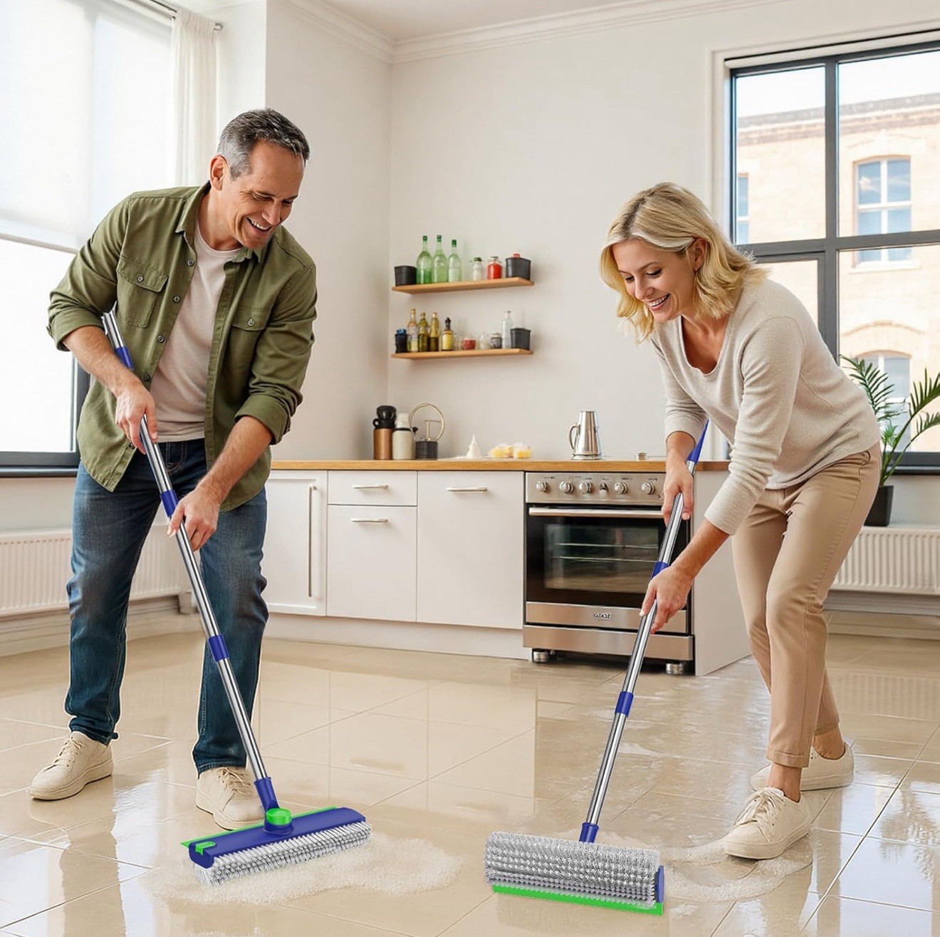 Floor Scrub Brush with Long Handle: 3 in 1 Heavy-Duty Scrubber Squeegee