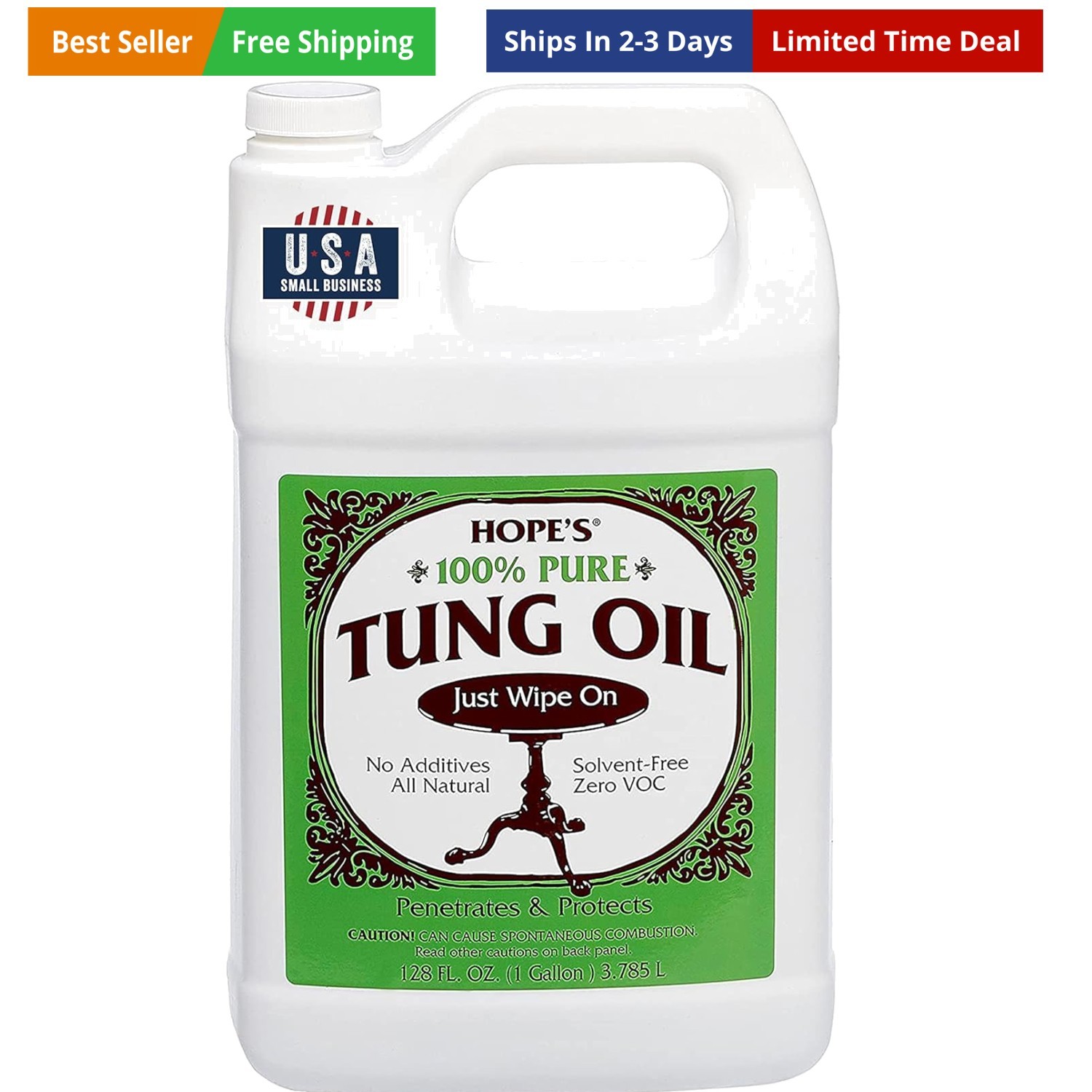 100% Pure Tung Oil, Food Safe, Waterproof Natural Wood Finish and Sealer for…