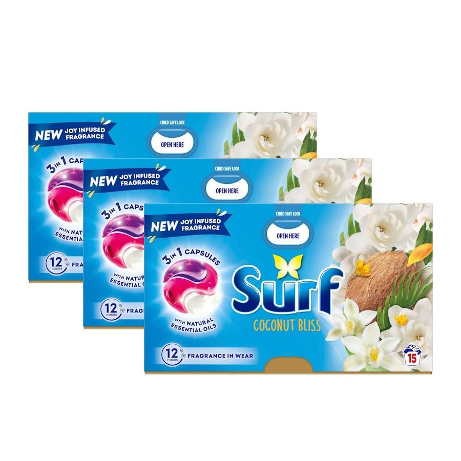 Surf 3 in 1 Laundry Capsules – Coconut Bliss 15 Washes (3 Pack)