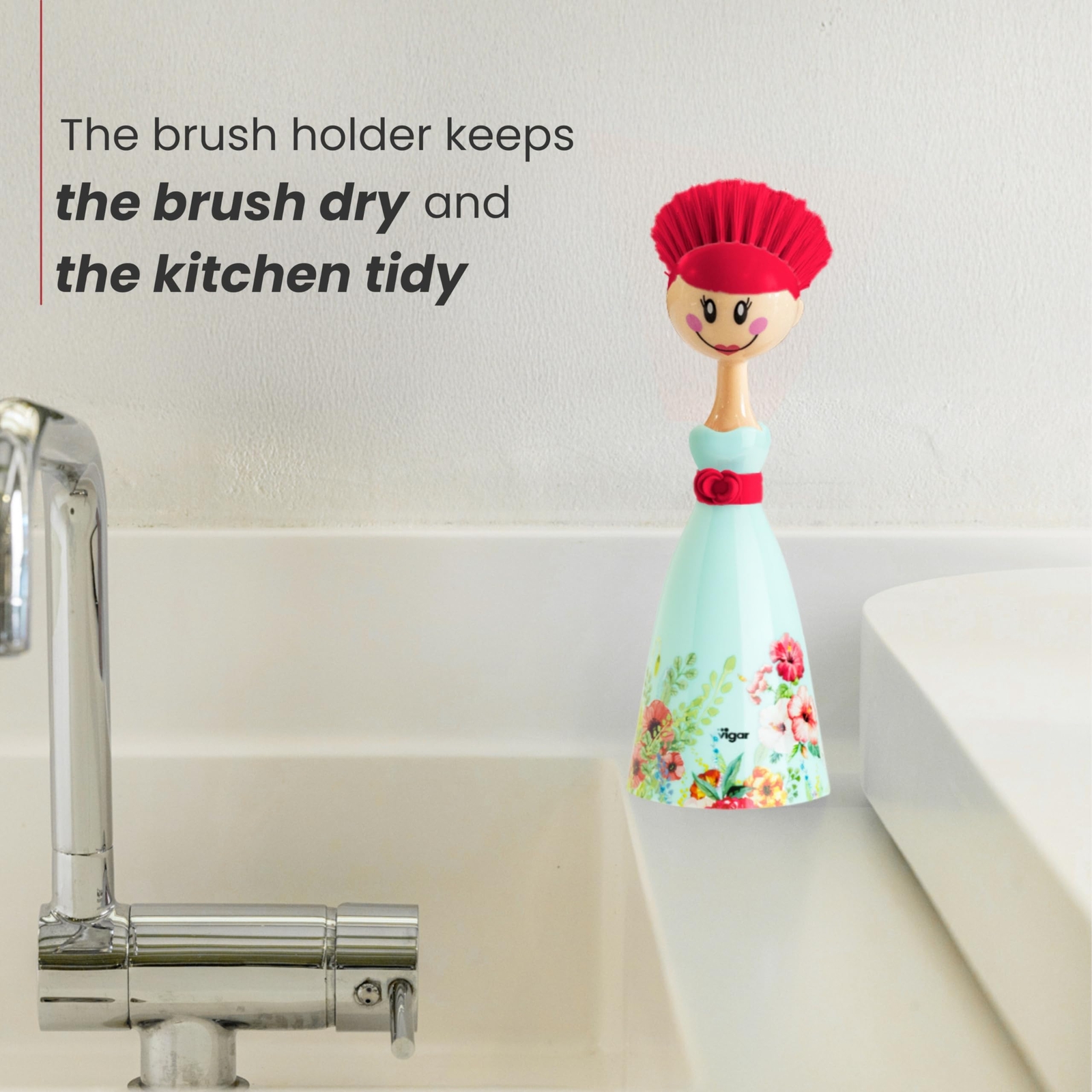 Dolls Dish Brush With Ergonomic Handle And Dresshaped Storage Holder Scrub Brush