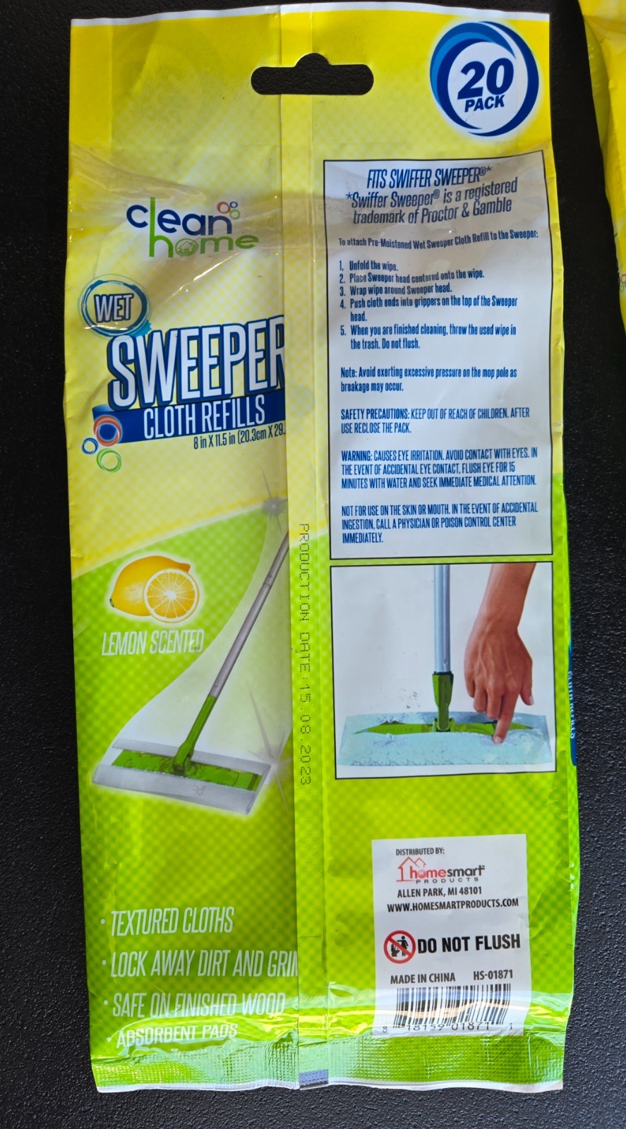 Clean Home Lemon Scented Wet Floor Wipes 5 Pack of 20 Each Total 100 Wipes (2D)