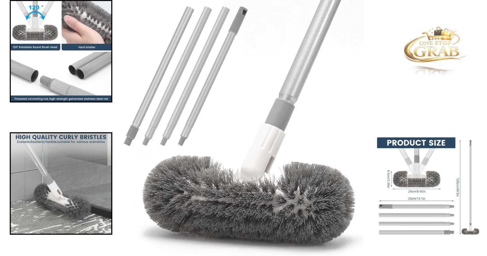 Deck Brush with 51″ Handle – Swivel Floor Scrubber for Tile Pool Boat Gray