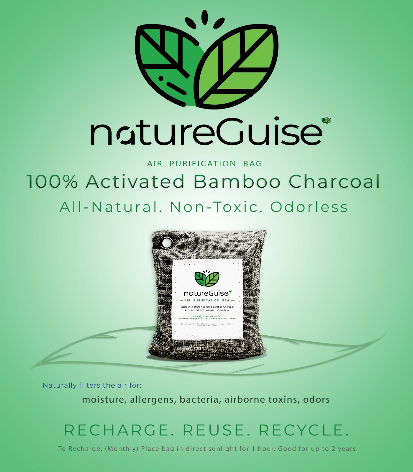 4-Pack Activated Bamboo Charcoal Bag Filter / Natural Air Purifier -NatureGuise