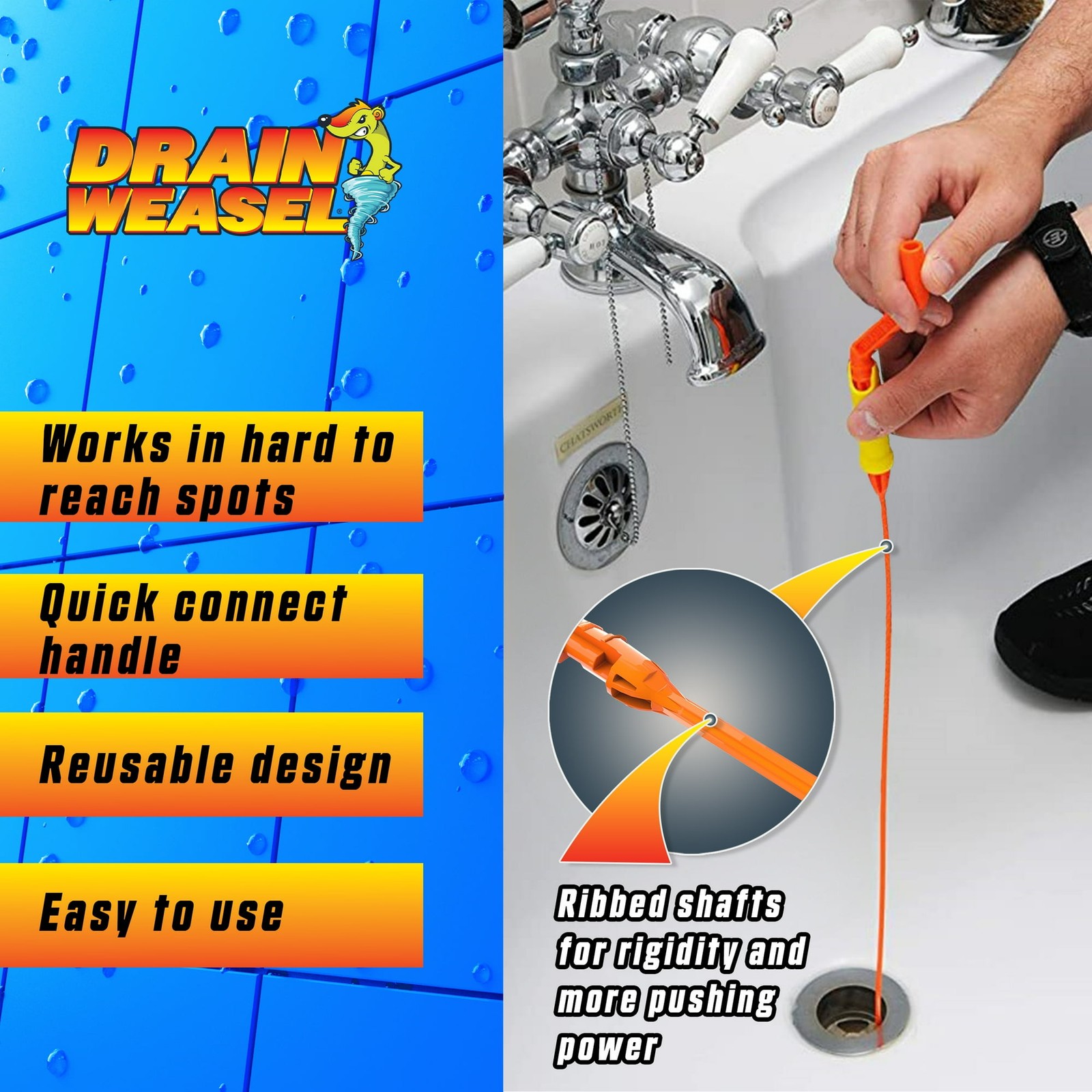 FlexiSnake Drain Weasel Hair Clog Tool Starter Kit for Drain Cleaning (3-Piece)