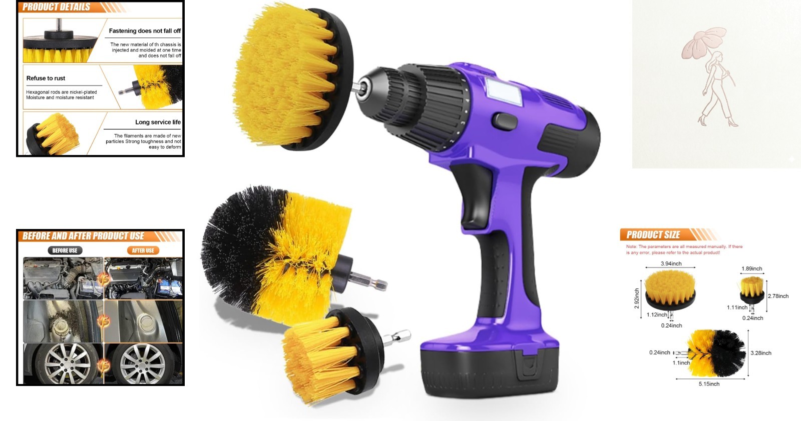 3 Pack Auto Detailing Drill Brush Set, Wheel Cleaner Brush, Car Cleaner Wash Bru
