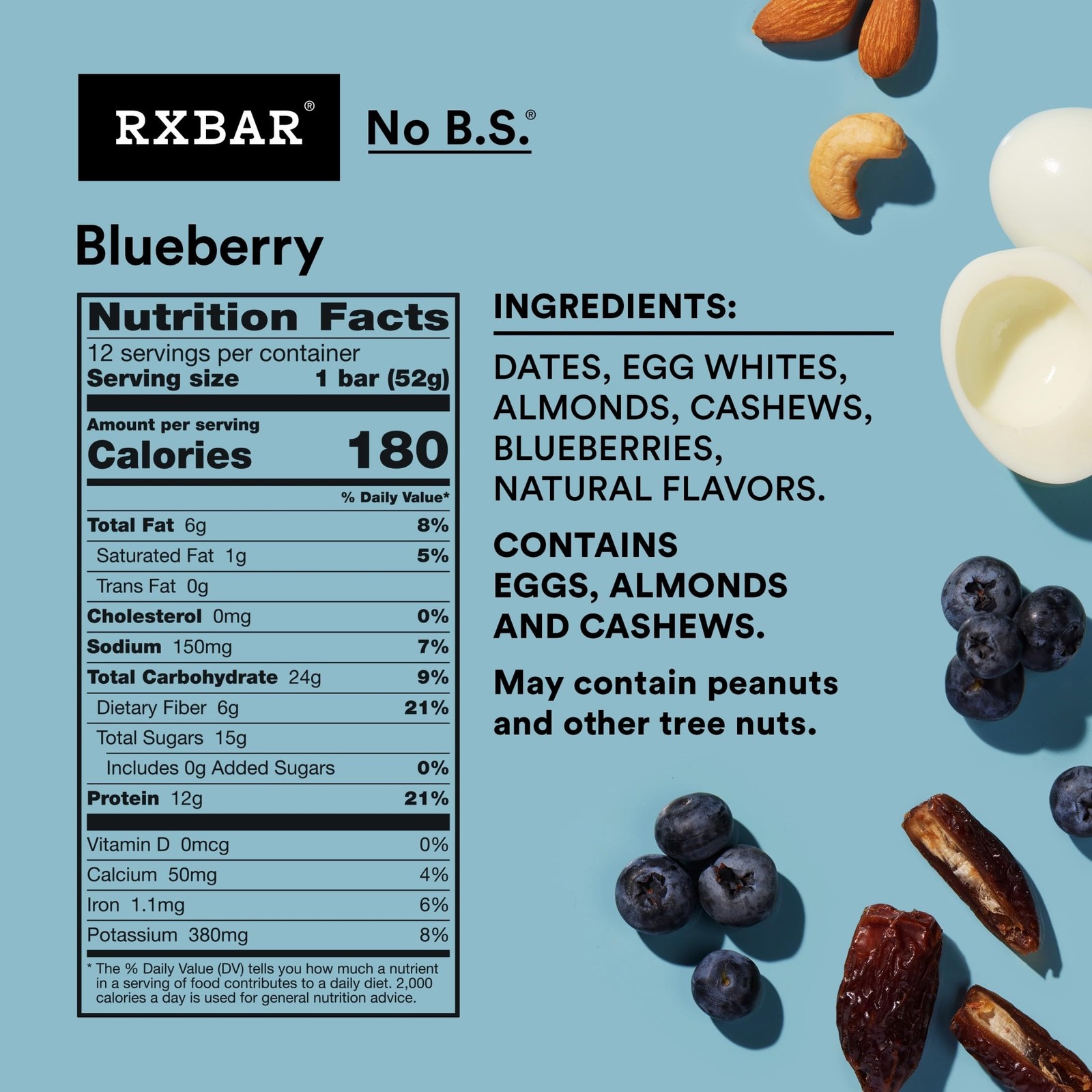 Rxbar Protein Bars, Protein Snack,Snack Bars,Blueberry,22Oz Box (12 Bars)-1 Box