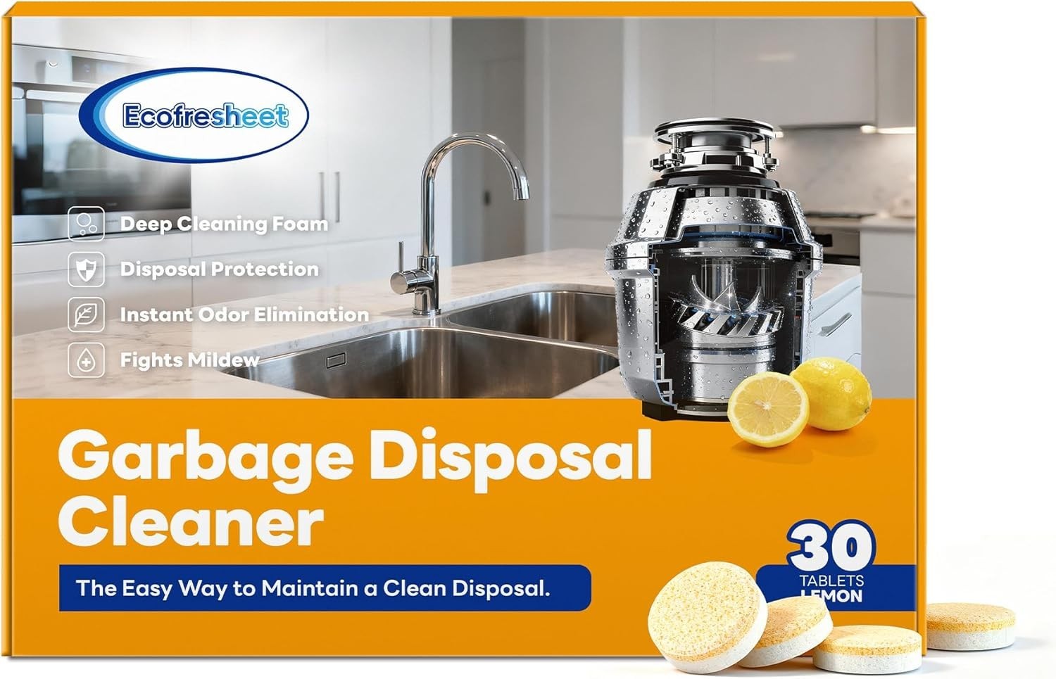 30ct Lemon Foaming Tablets: Eco-Friendly Garbage Disposal Cleaner & Deodorizer