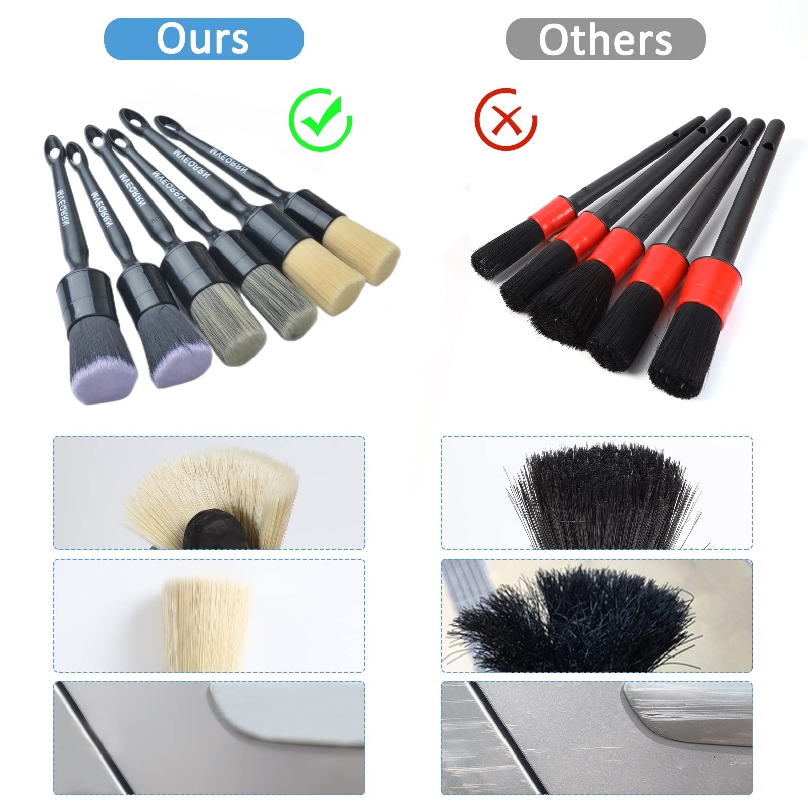 6pcs Car Detailing Brush Set – Boars Hair Soft Brushes for Interior/Exterior