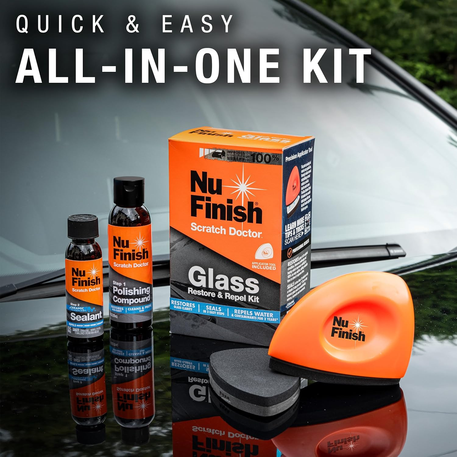 Nu Finish Glass Restore & Repel Kit, Two Step Regimen for Car Windshield