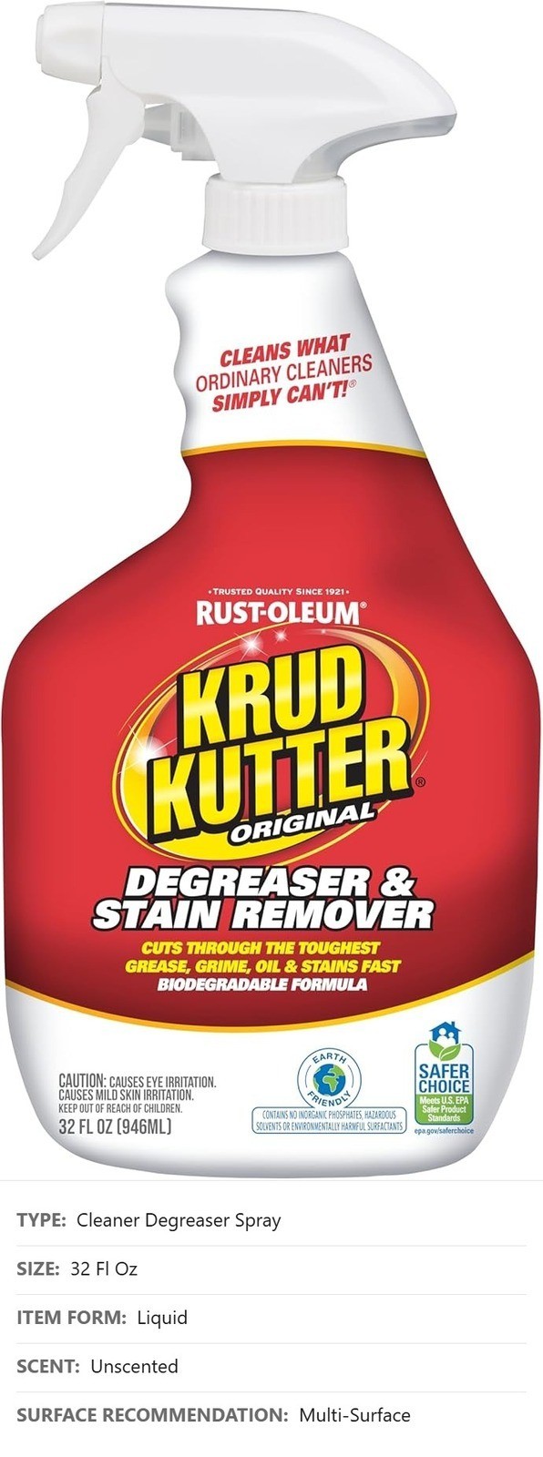 Cleaner Degreaser Spray, 32 oz, Liquid, Unscented, Water-Based