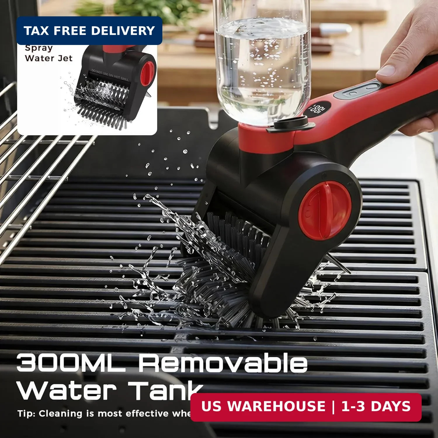 Electric Grill Brush, 100W High Power Cordless BBQ Cleaner with 300ml Water Spra