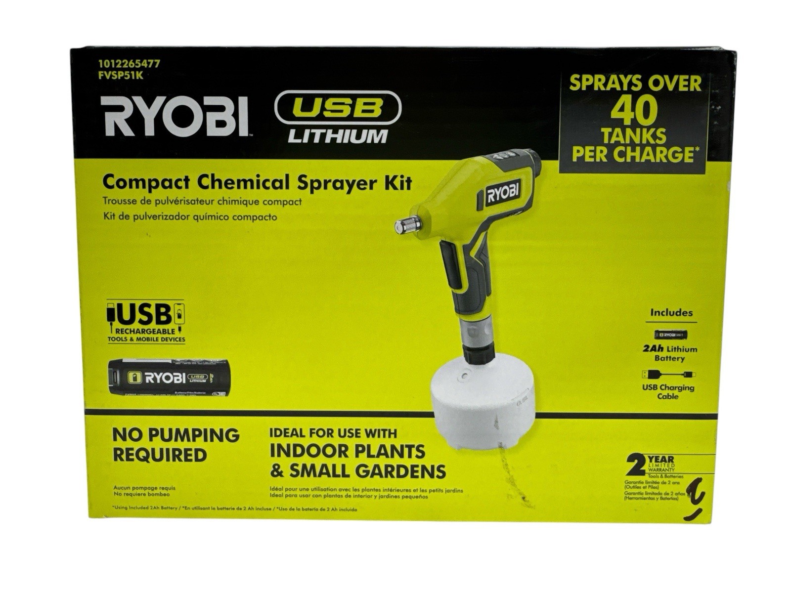 Ryobi USB Lithium Compact Sprayer w/2 Ah Battery + Charging Cable FVSP51K New