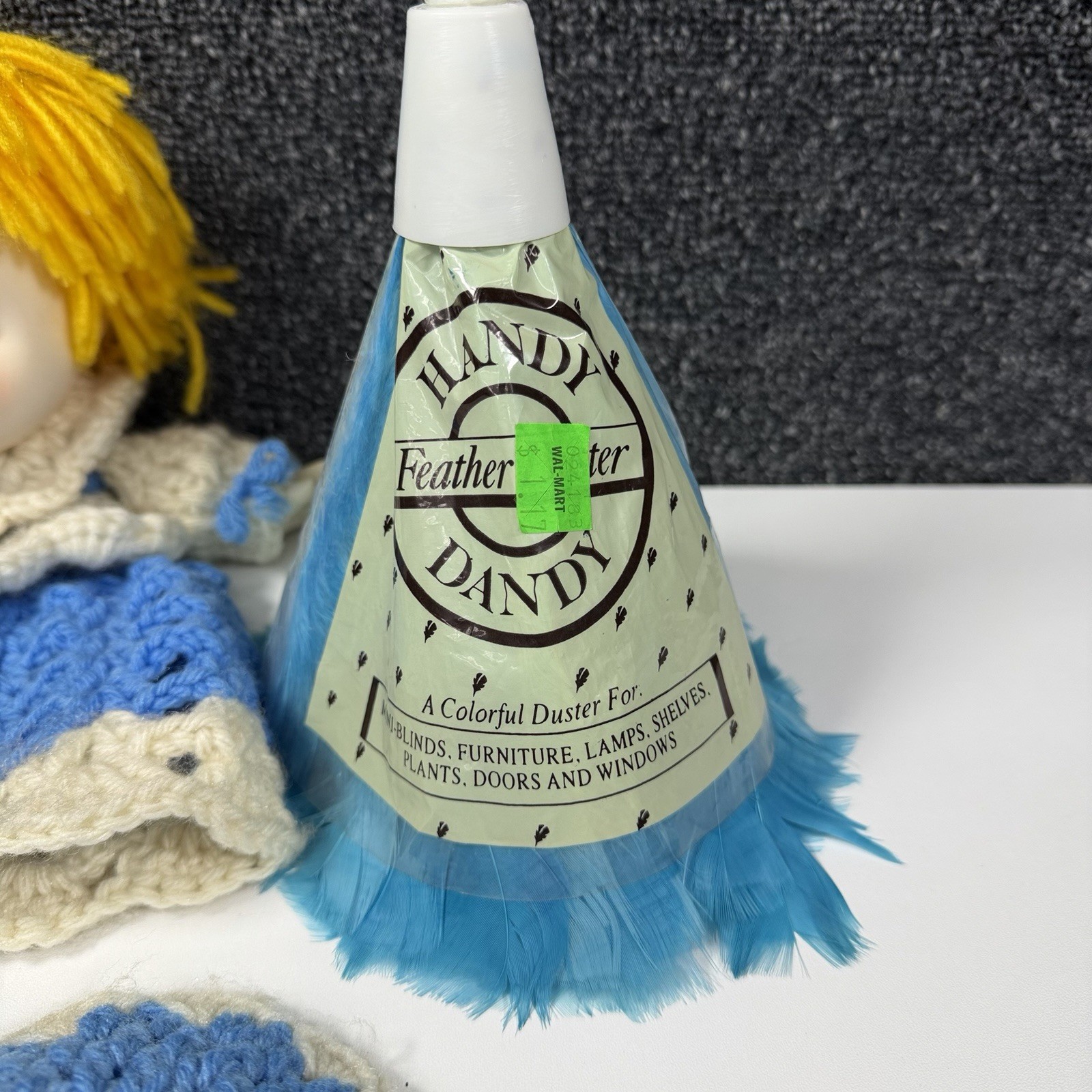 Vintage Feather Duster Handy Dandy Texas Feathers Crochet Doll Cover Blue