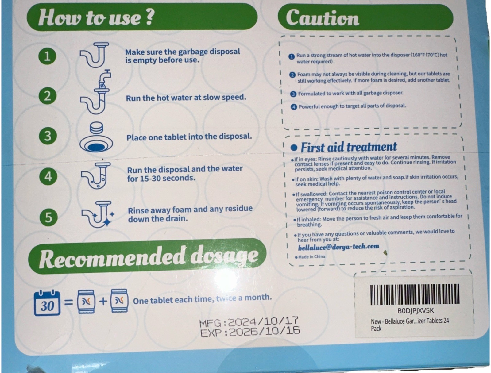 Bellaluce Garbage Disposal Cleaner Tablets 24 Tablets , Mint Sealed