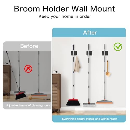 4 Pack No Drill Broom Mop Holder Wall Mount Stainless Steel Organizer Hooks Blac