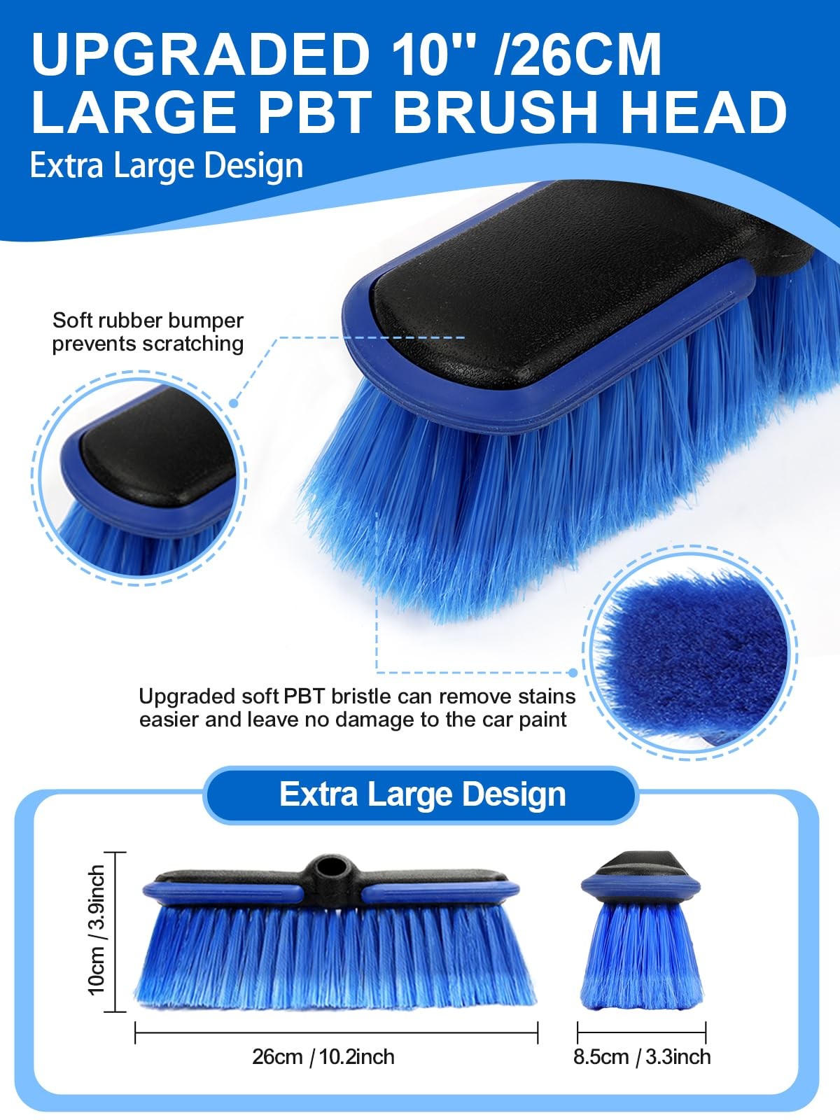 Car Wash Brush Long Handle 10” Head 60” Handle for Vehicle Wheel RV SUV Boat