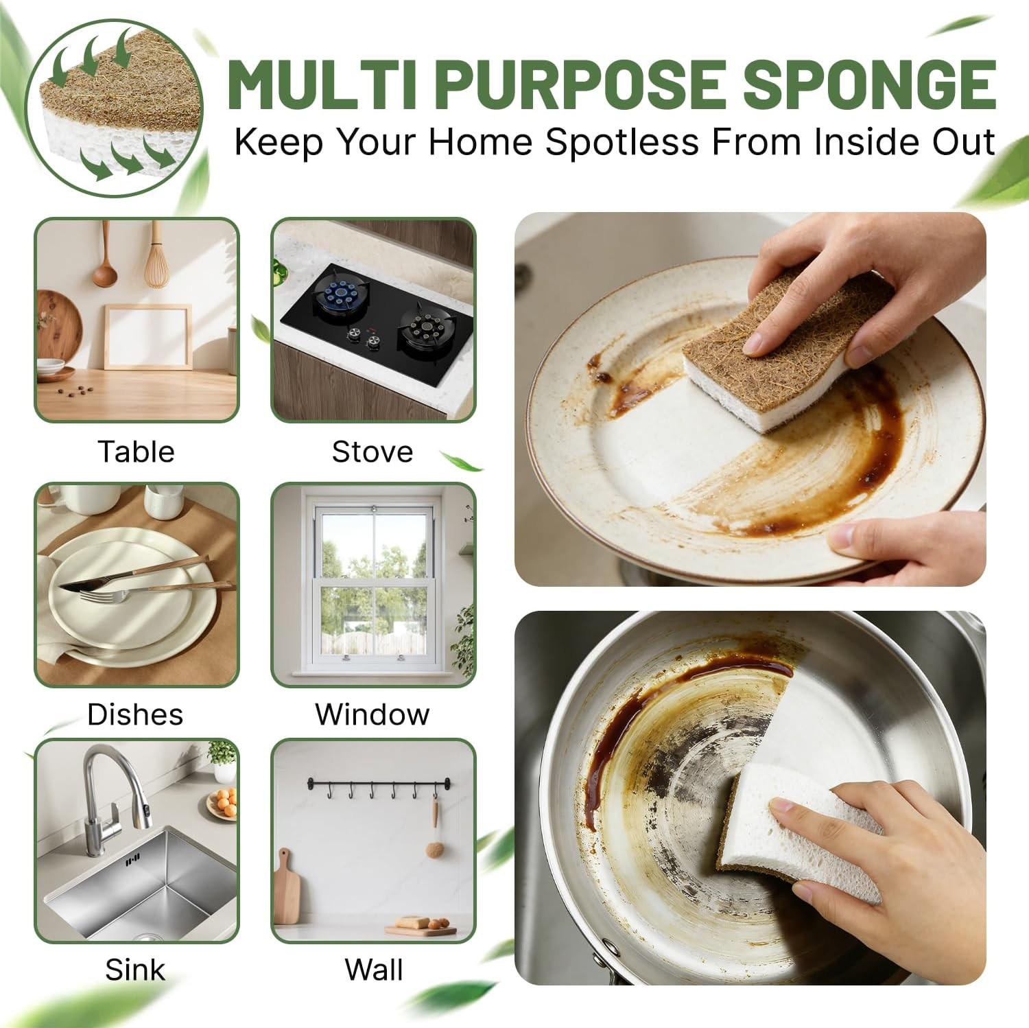 12 Pack Biodegradable Kitchen Dish Sponges, Natural Plant-Based Coconut Fiber