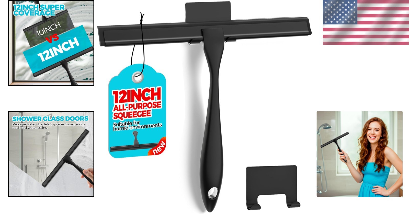Shower Squeegee, 10-Inch Matte Black Squeegee, All-Purpose Stainless Steel Squee