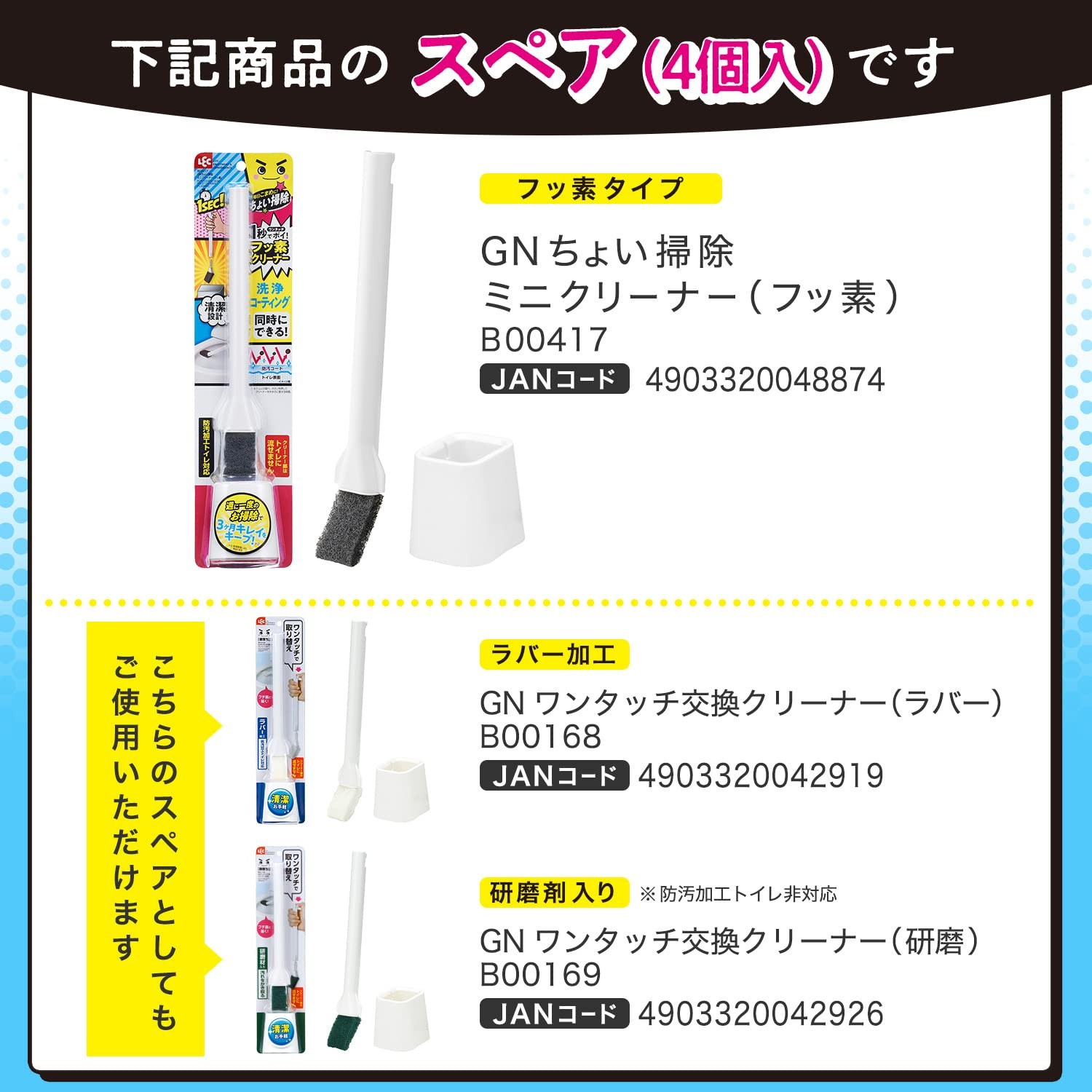 LEC Gekiochikun Mini Toilet Cleaner (Fluorine Processing Type) 4 Spares