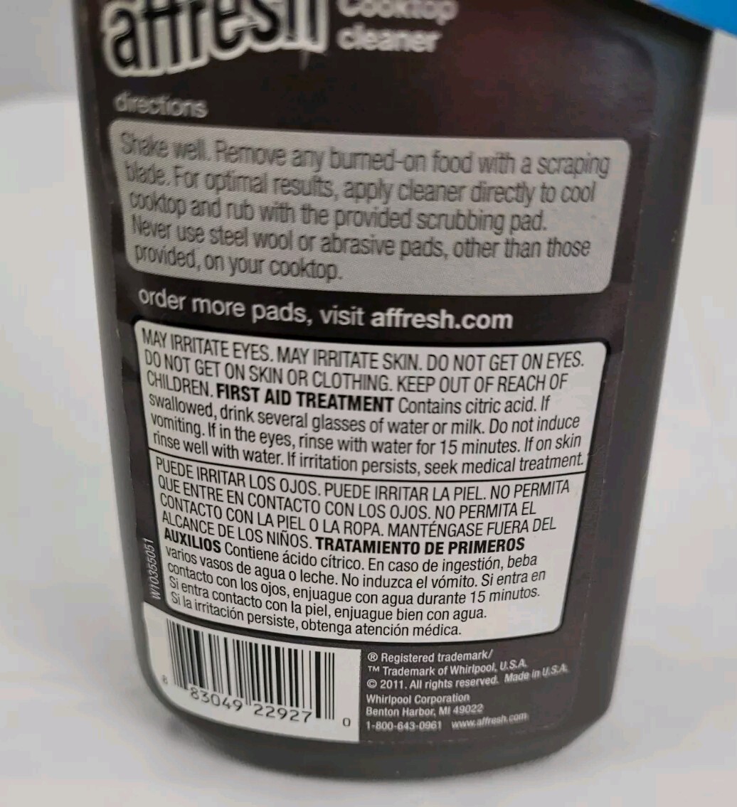 Affresh Cooktop Cleaner Made for Whirlpool 8 oz cleaner & 2 Cleaning Pads NEW