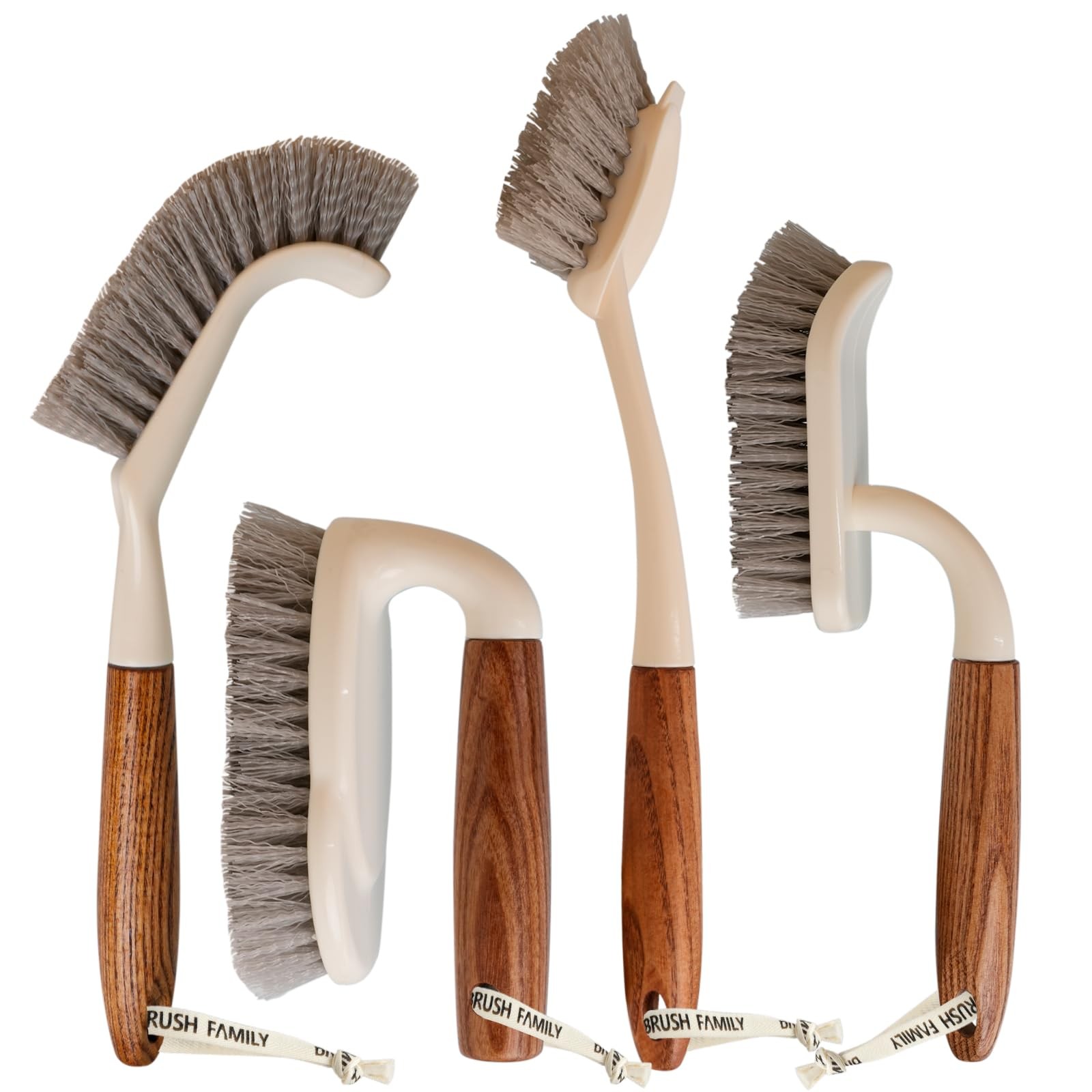 Scrub Brushes Set of 4 with Wooden Handles, Triangle & Square – Medium-Firm