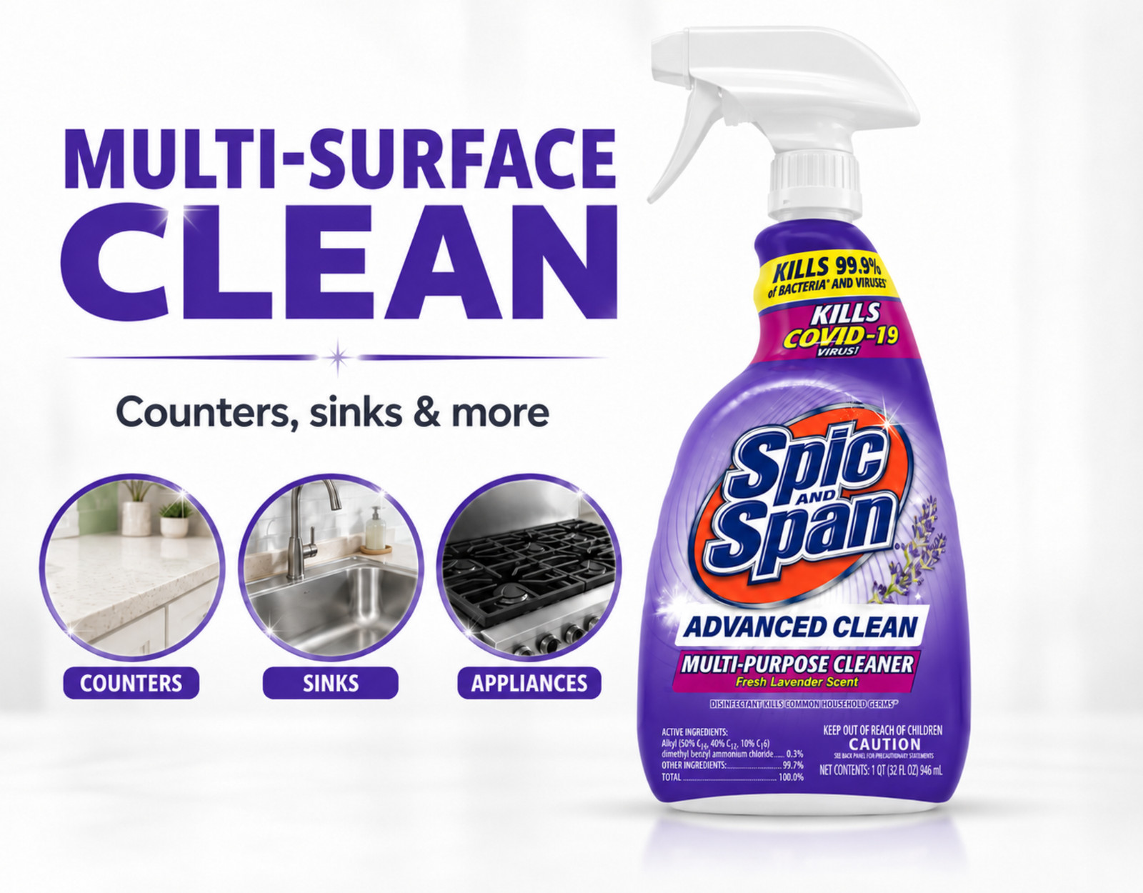 Spic & Span Advanced Clean Multi-Purpose Cleaner Spray Lavender 32 oz 3 Pack