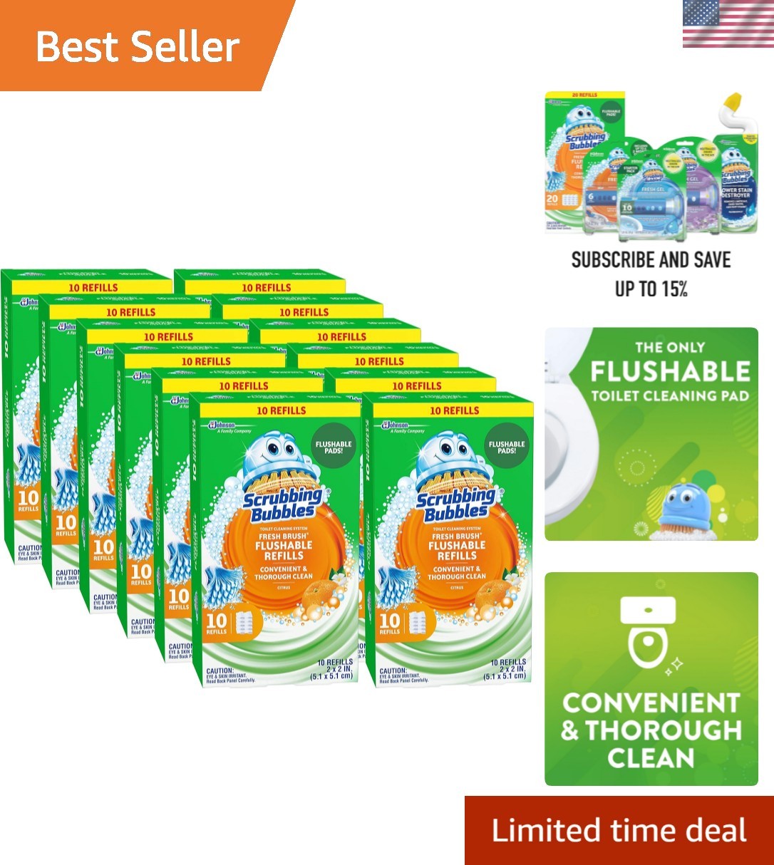 Fresh Brush Flushable Toilet Pad Refills – Citrus Freshness, 10 Count Pack of 12