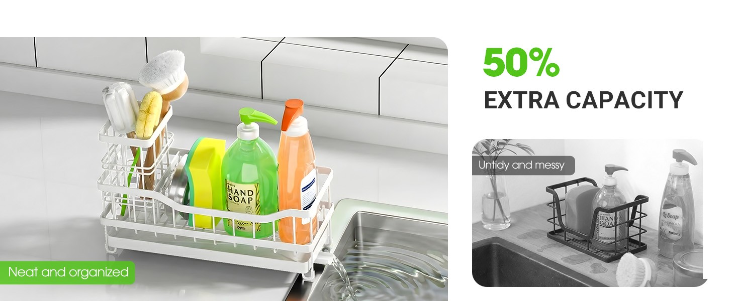 Sponge Holder for Kitchen Sink, Rustproof Sink Caddy Organizer with Dish Brush
