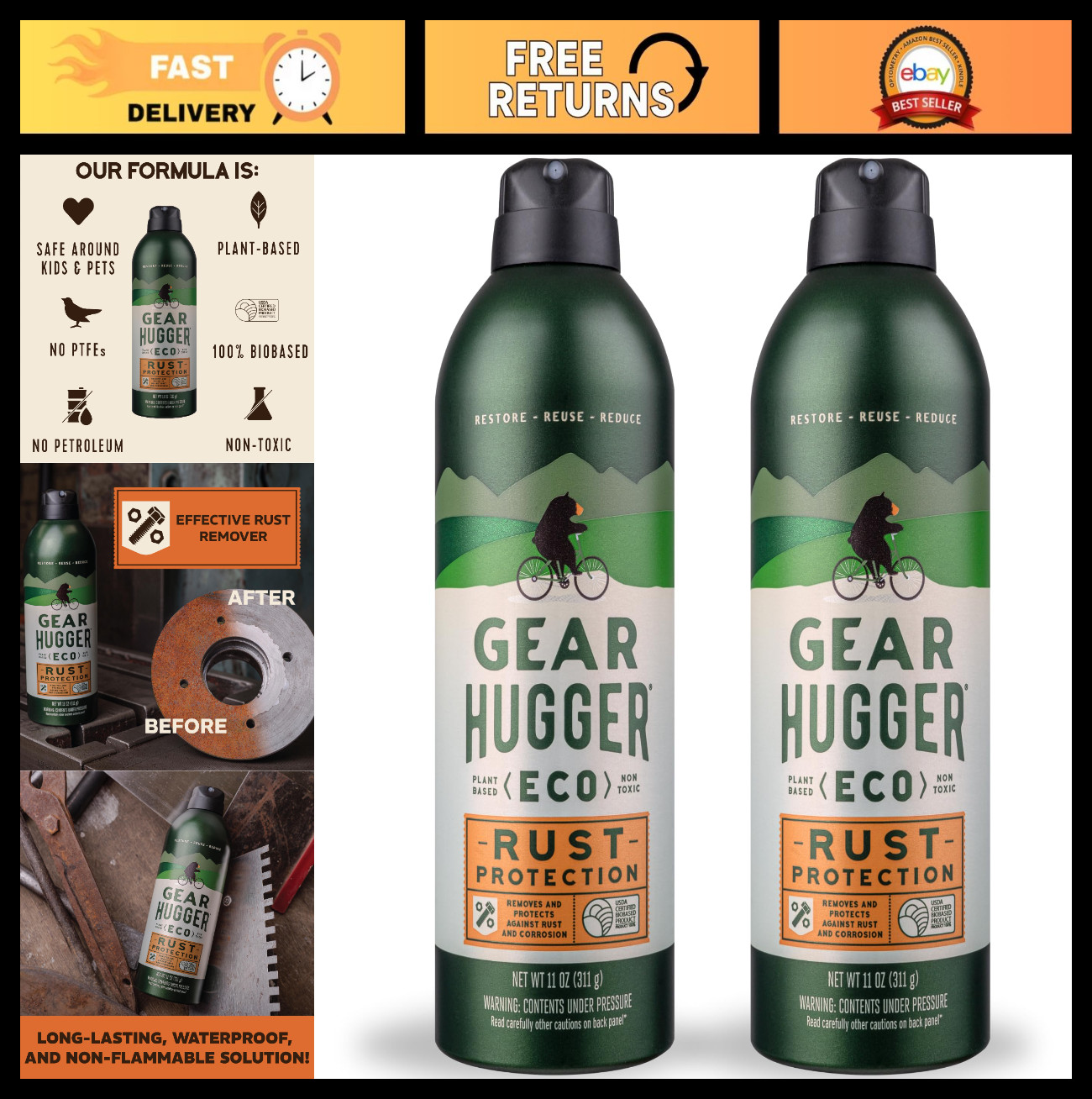 Eco-Friendly Rust Protection Spray – 11 oz, Pack of 2, Rust Remover & Preventer