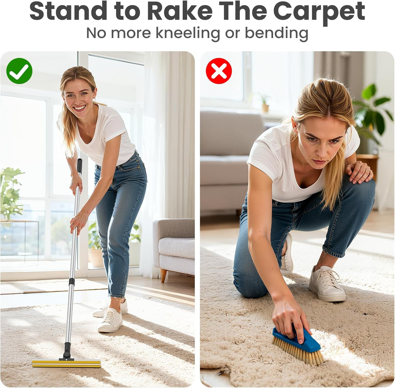3 in 1 Carpet Rake for Pet Hair Removal, Tool Set of 3, 55” Long Handle Carpet P