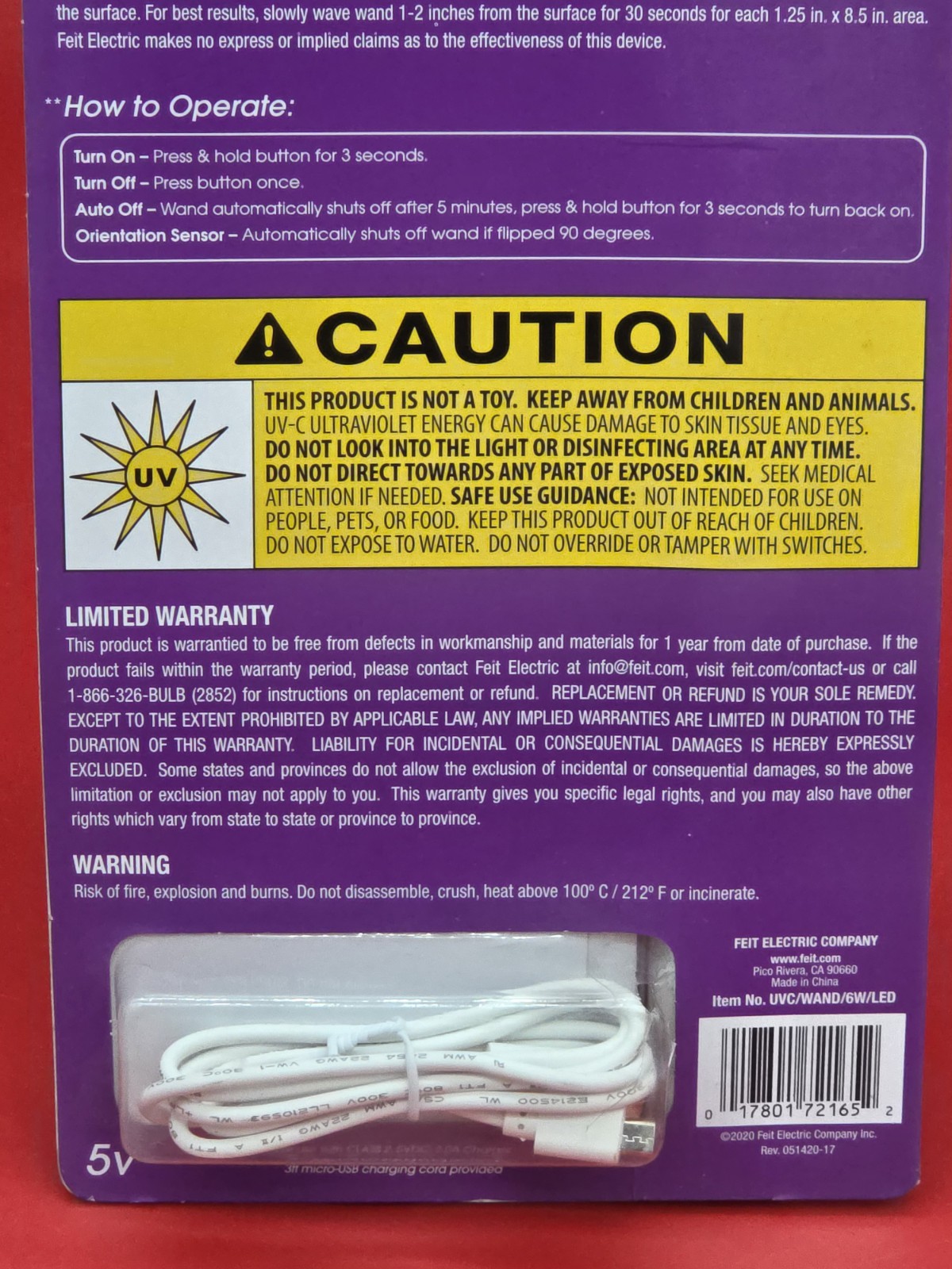 New Feit Electric 6-Watt Portable Disinfecting Sanitizing Wand Rechargeable USB