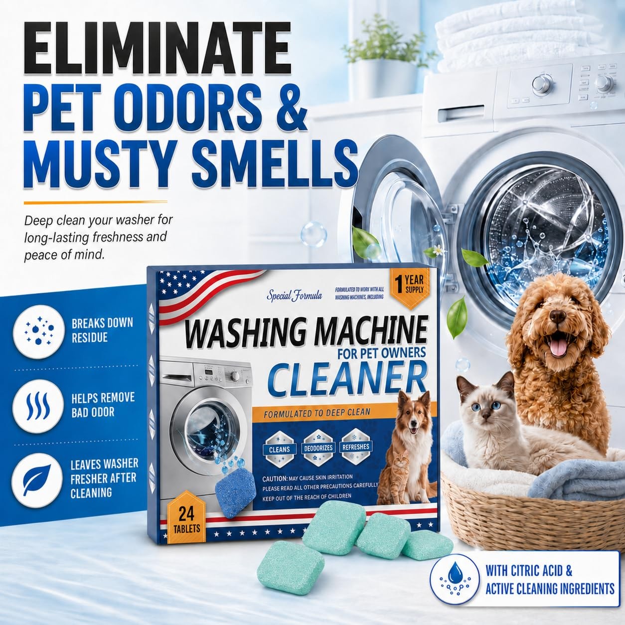 24 Pack Washing Machine Cleaner Tablets – Special Formula for Pet Owners, Remove