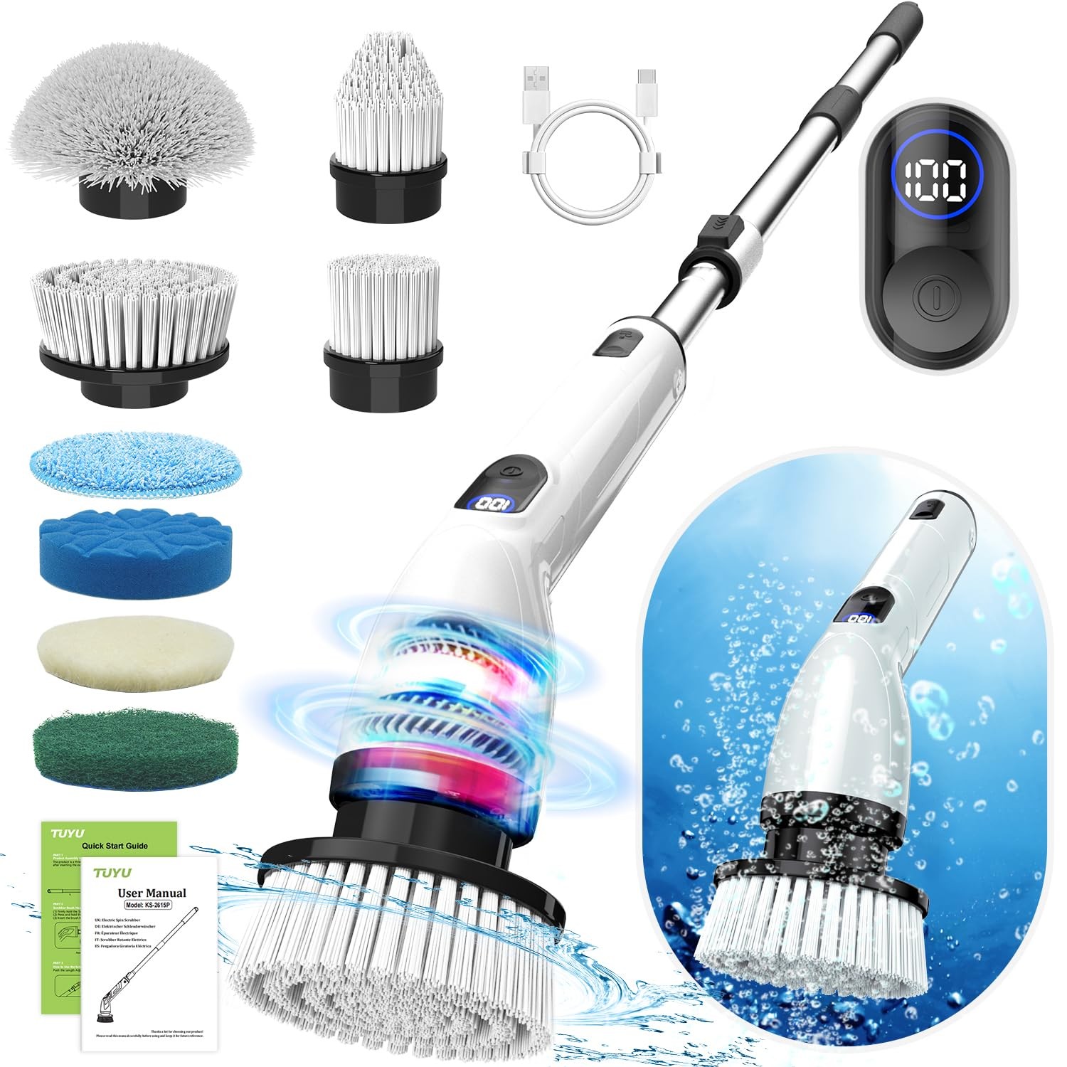 TUYU Electric Spin Scrubber, Full-Body IPX7 Waterproof Bathroom Scrubber with…