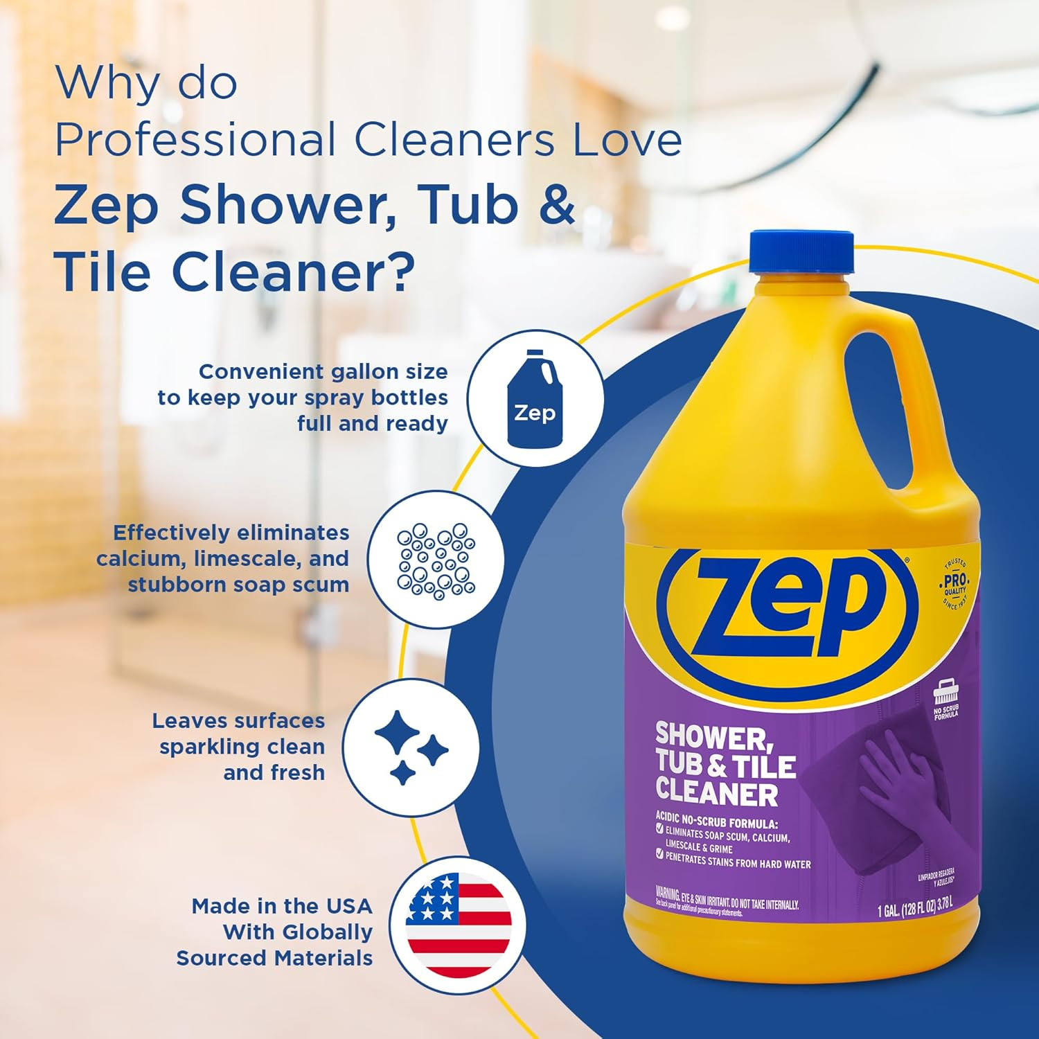 Shower Tub and Tile Cleaner 1 Gallon ZUSTT128 (Case of 2) – No Scrub Pro Formula