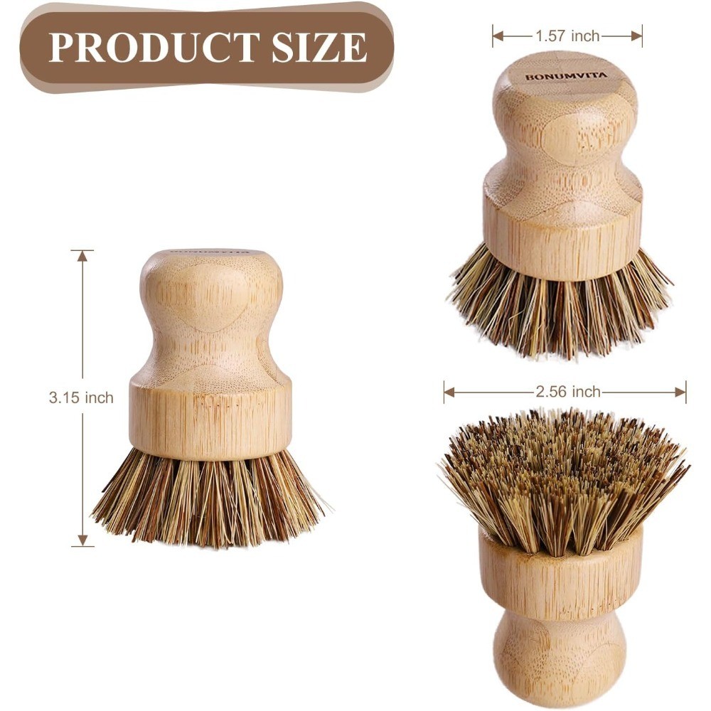 Natural Bamboo Dish Brush Set 4 Pack Kitchen Palm Pot Scrubber with Union Fiber