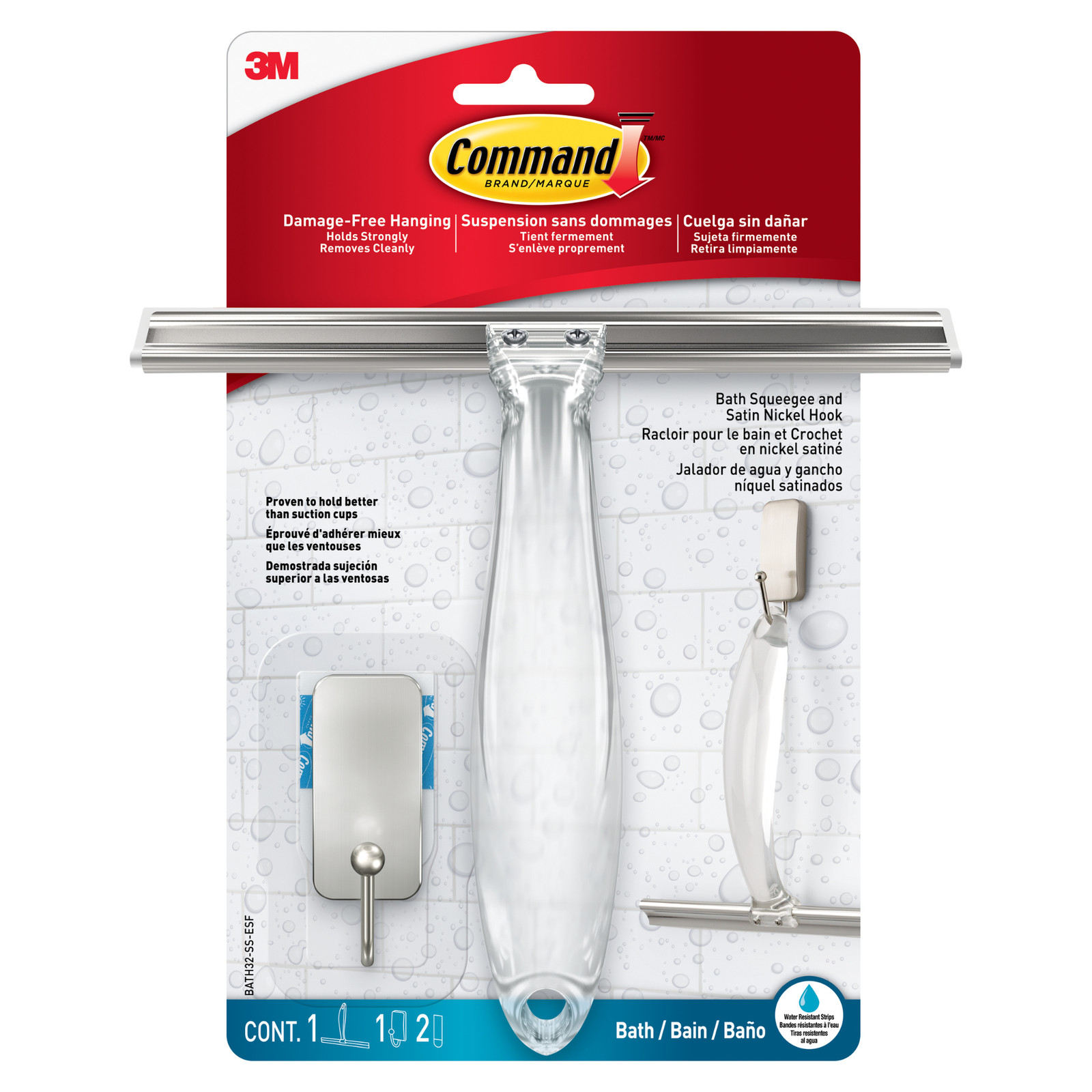 Command Bath Squeegee and Hook [Removable]: Stainless Steel and Satin Nickel Sil
