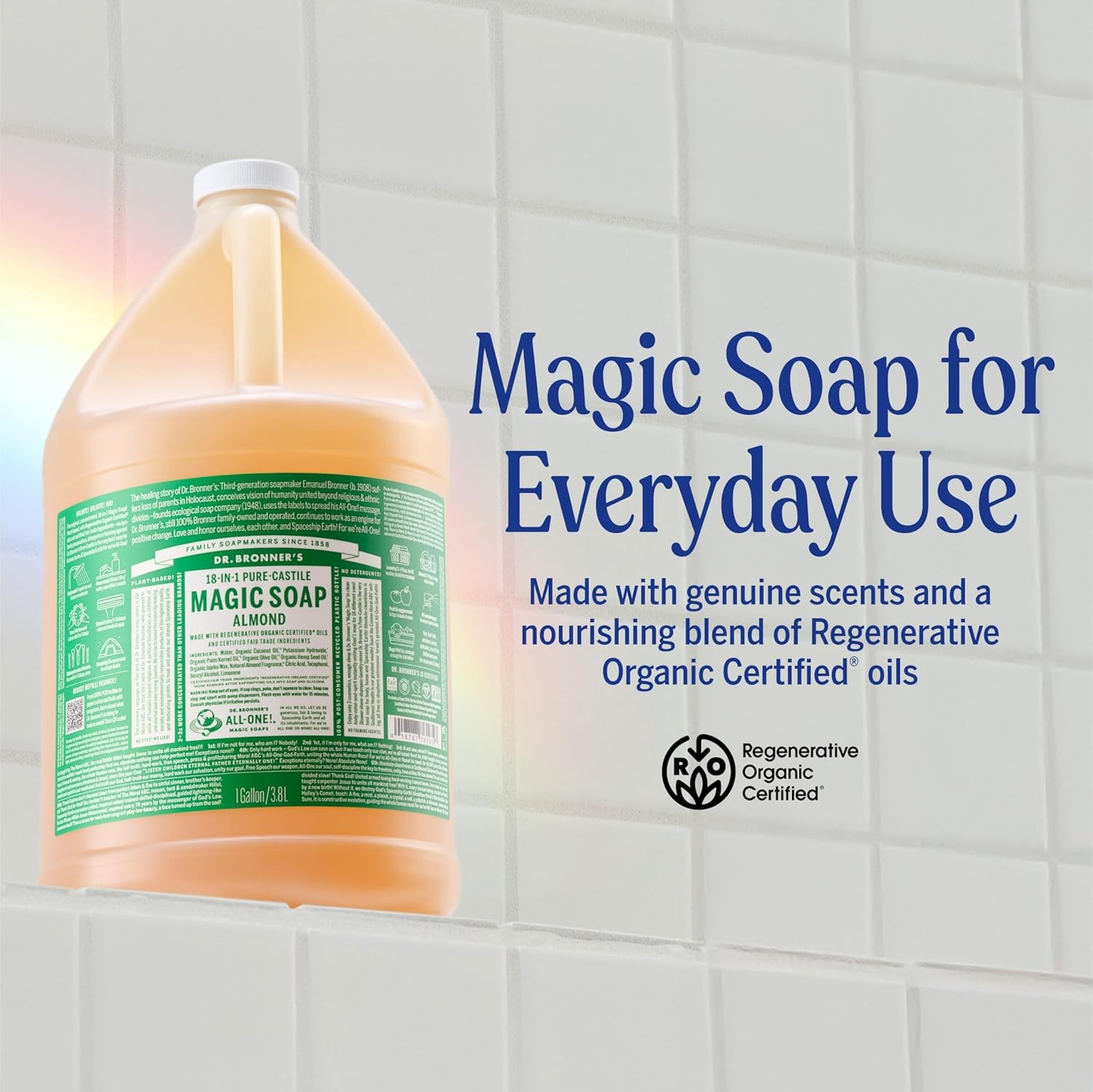 Dr. Bronner’s Pure-Castile Magic Soap Liquid (Almond, 1 Gallon) – Made with Re