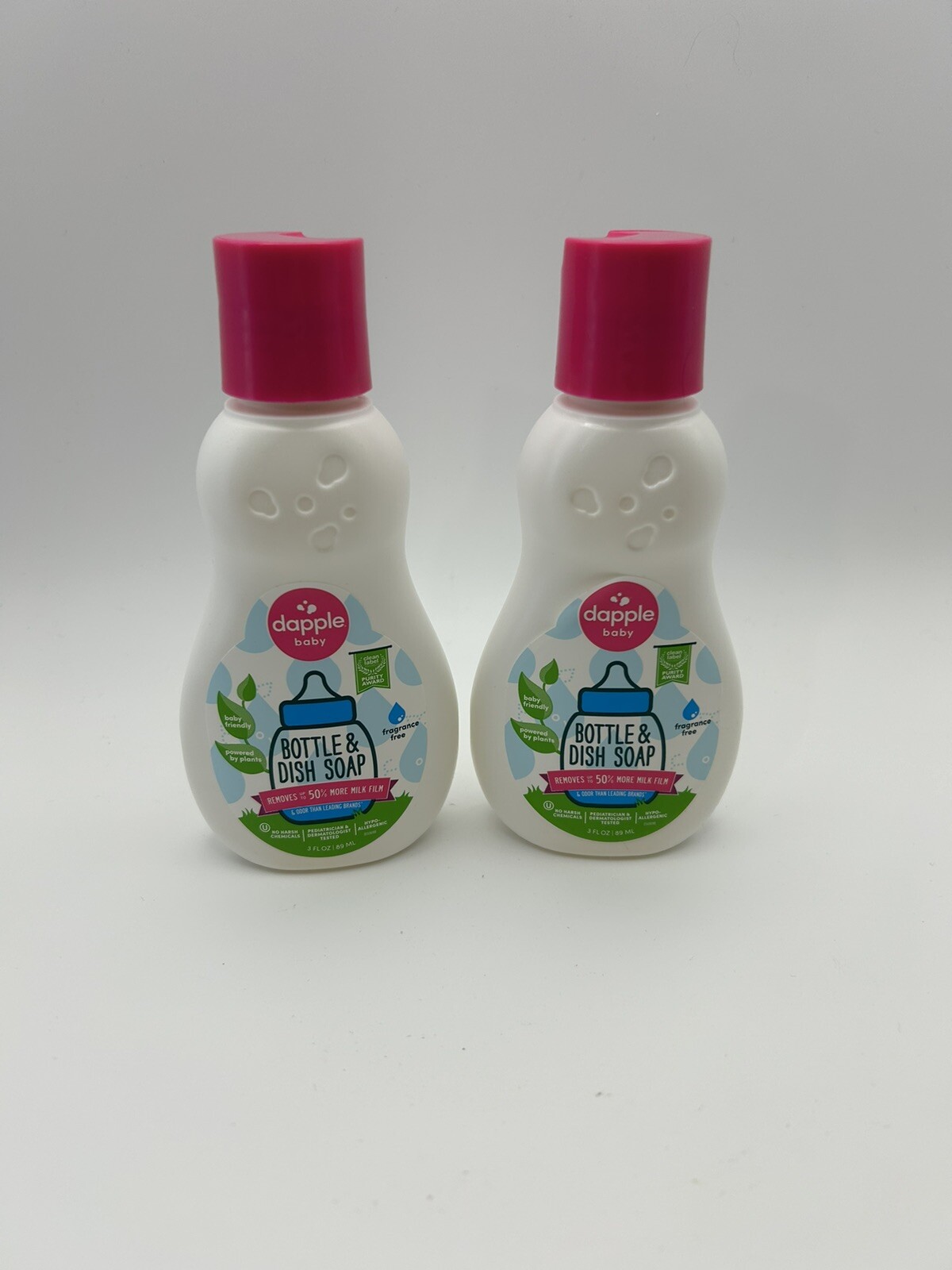 2- Travel-Size Dapple (Fragrance Free) Baby Bottle & Dish Soap 3oz/89ML